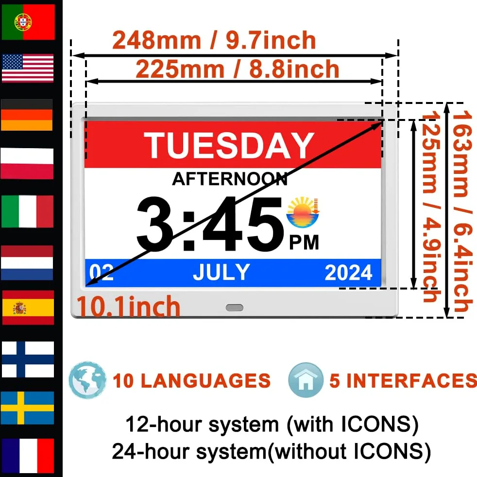 Reloj despertador con día y fecha para personas mayores, calendario digital, marco de fotos, pantalla regulable automáticamente, 15 opciones de alarma, reloj con día y mes no abreviados (10