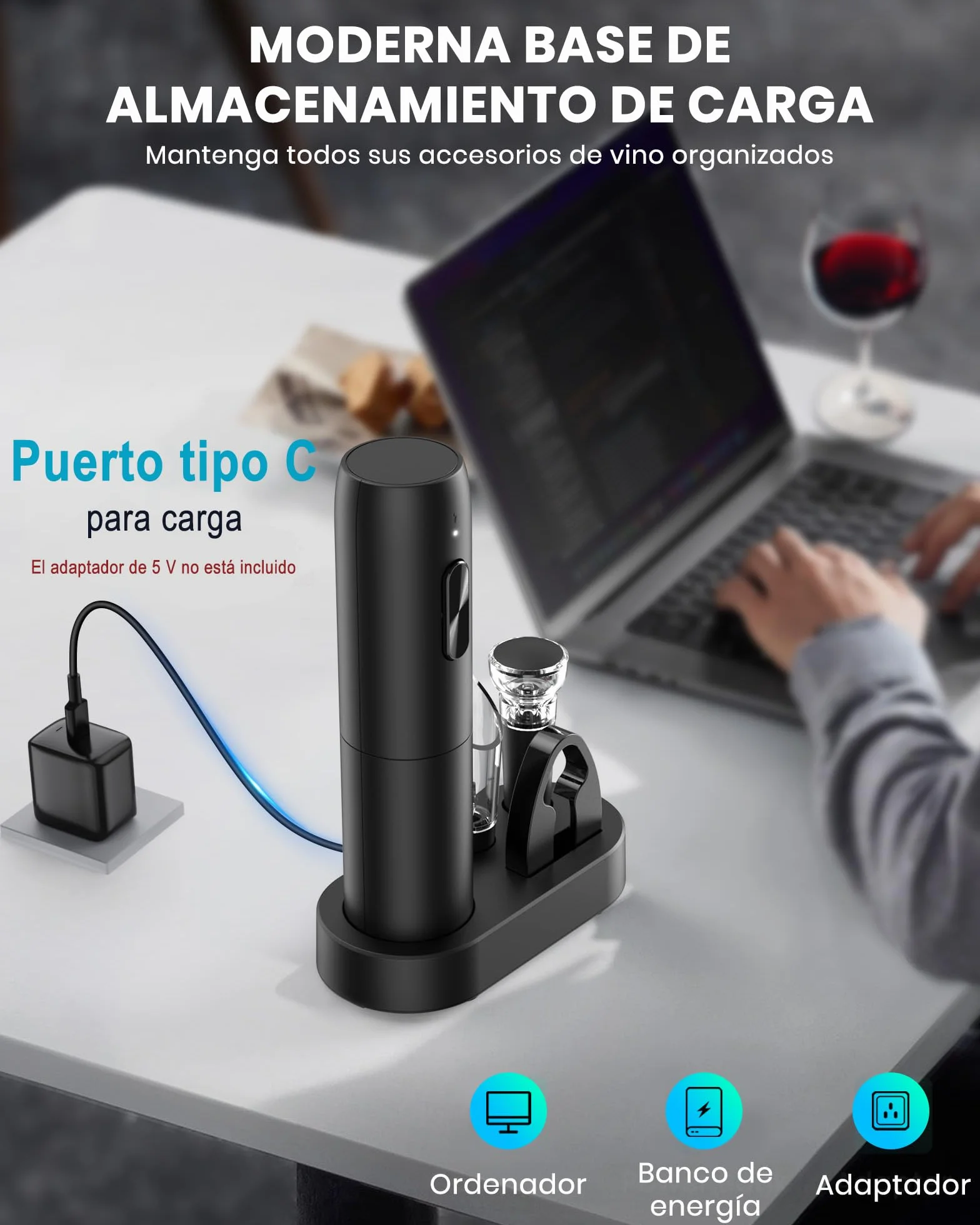 Sacacorchos eléctrico recargable con base de carga, abridor de vino electrico 6 en 1 juego regalo cumpleaños abrebotellas con vertedor aireador, tapón de vino al vacío, cortador láminas y cable USB