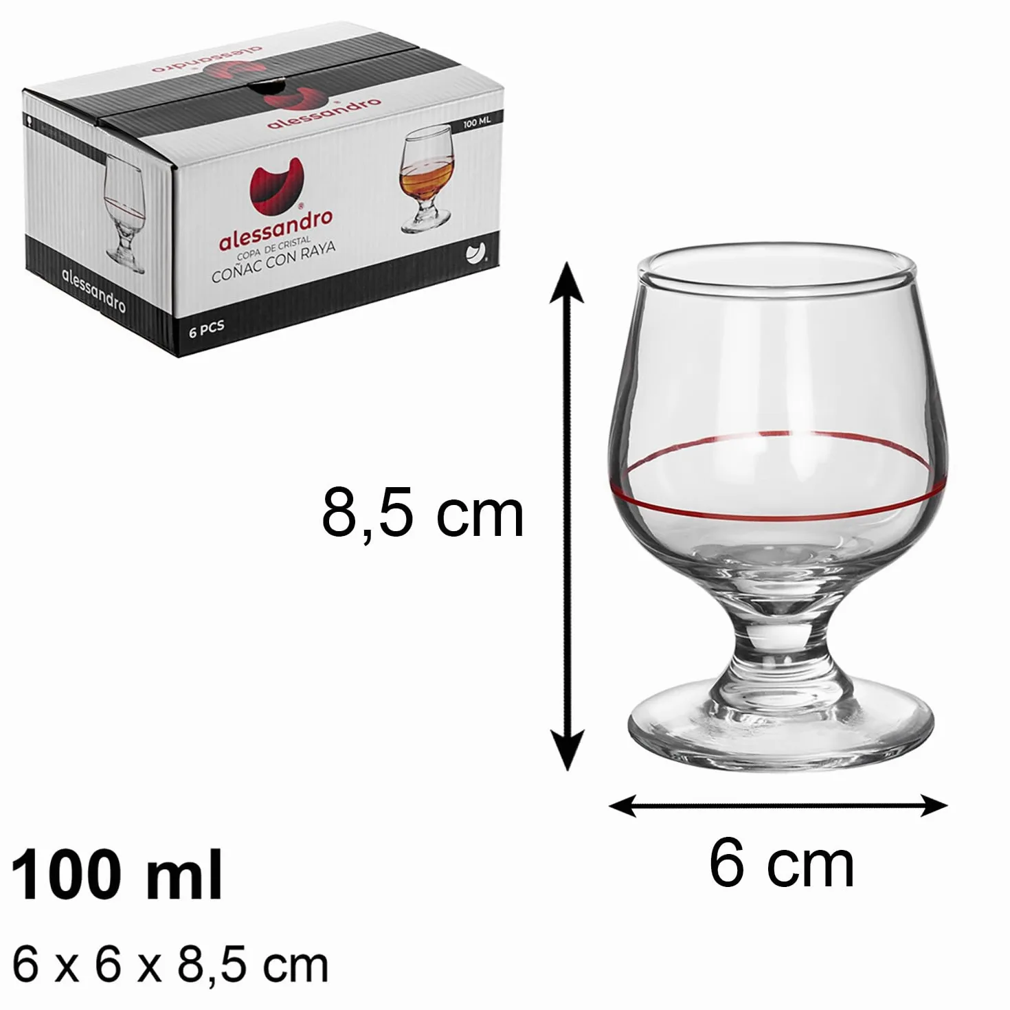 TWO TIGERS Pack Copas de Coñac Alessandro. Copa de Cristal, Tamaño. Copa Brandy Ideal para Licores. Hosteleria, Restaurantes, Bar, Fiestas (100ml Linea Roja (6Ud))