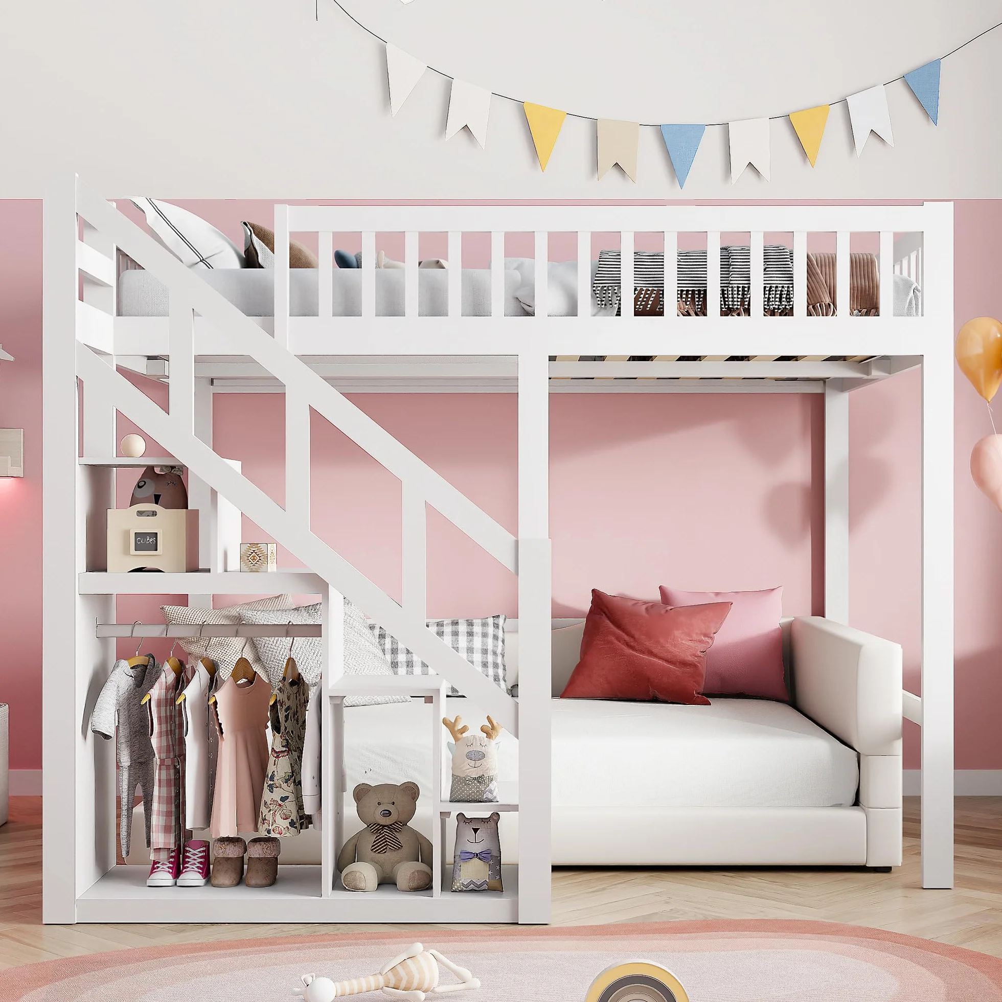 Cama Alta 140x200 cm para Niños y Adolescentes, Cama Elevada de Madera de Pino con Escalera de Almacenamiento y Barandilla de Seguridad, Estructura Juvenil Ahorro de Espacio, Blanco