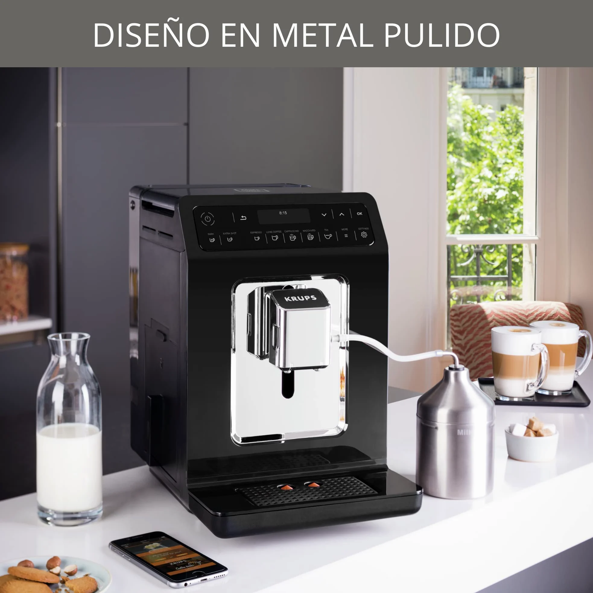 Krups Evidence Espresso EA8908 - Cafetera Superautomática 15 Bares, 15 Preajustes, Niveles de Intensidad, Molido Grano, Autolimpieza e Indicador cal, 2 tazas a la vez, pantalla táctil, recetario