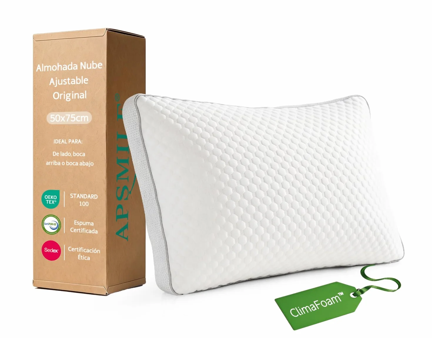 APSMILE Almohada Viscoelástica 50x75 cm - Espuma Memory Foam Triturada Ajustable y Adaptable para Cuello - Funda Fría y Transpirable - Ergonómica y Termorreguladora - Hipoalergénica Lavable