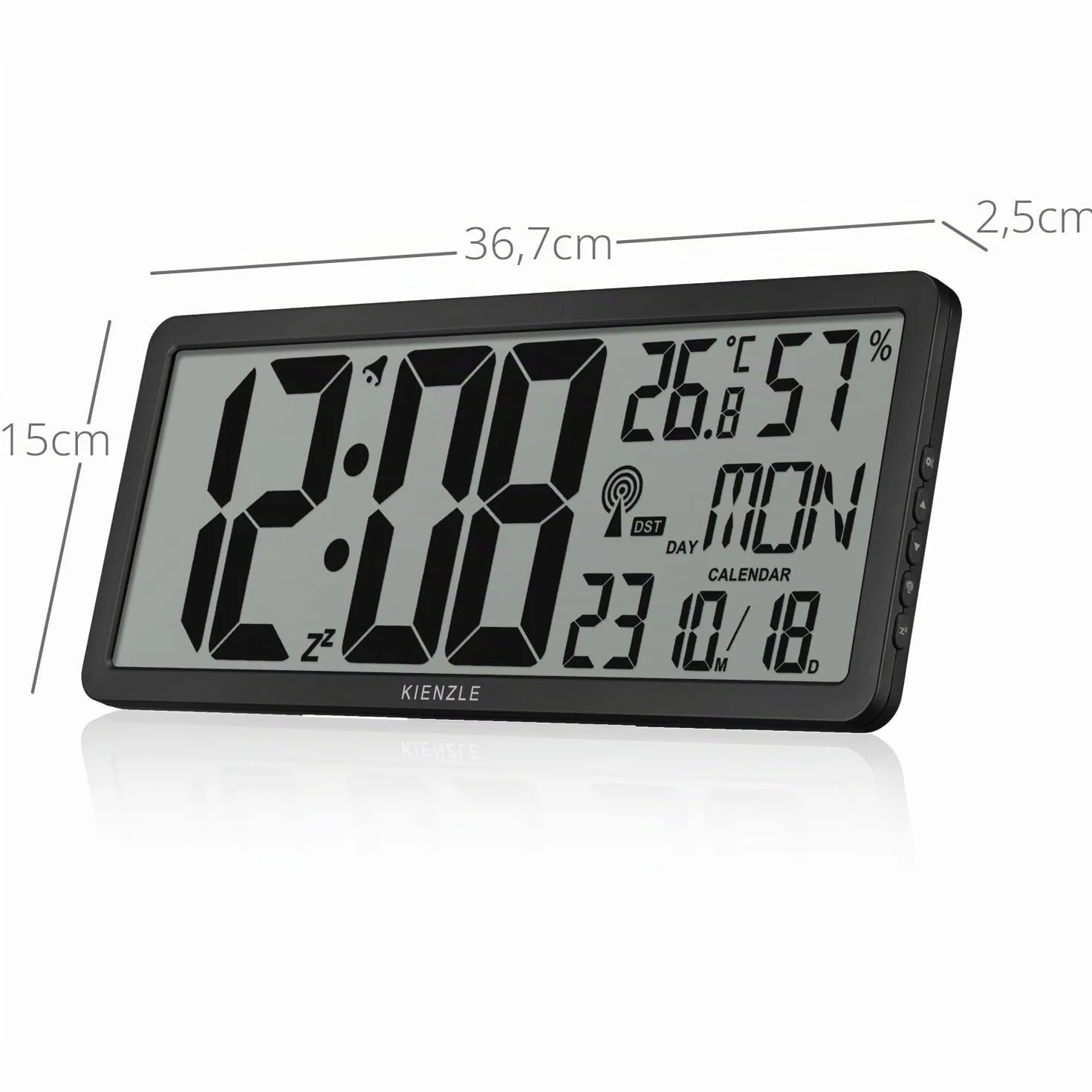 Kienzle Reloj de Pared Digital radiocontrolado XXL con Temperatura y Humedad Interior, Despertador, Fecha, Formato 12/24h, a Pilas, Color Plata