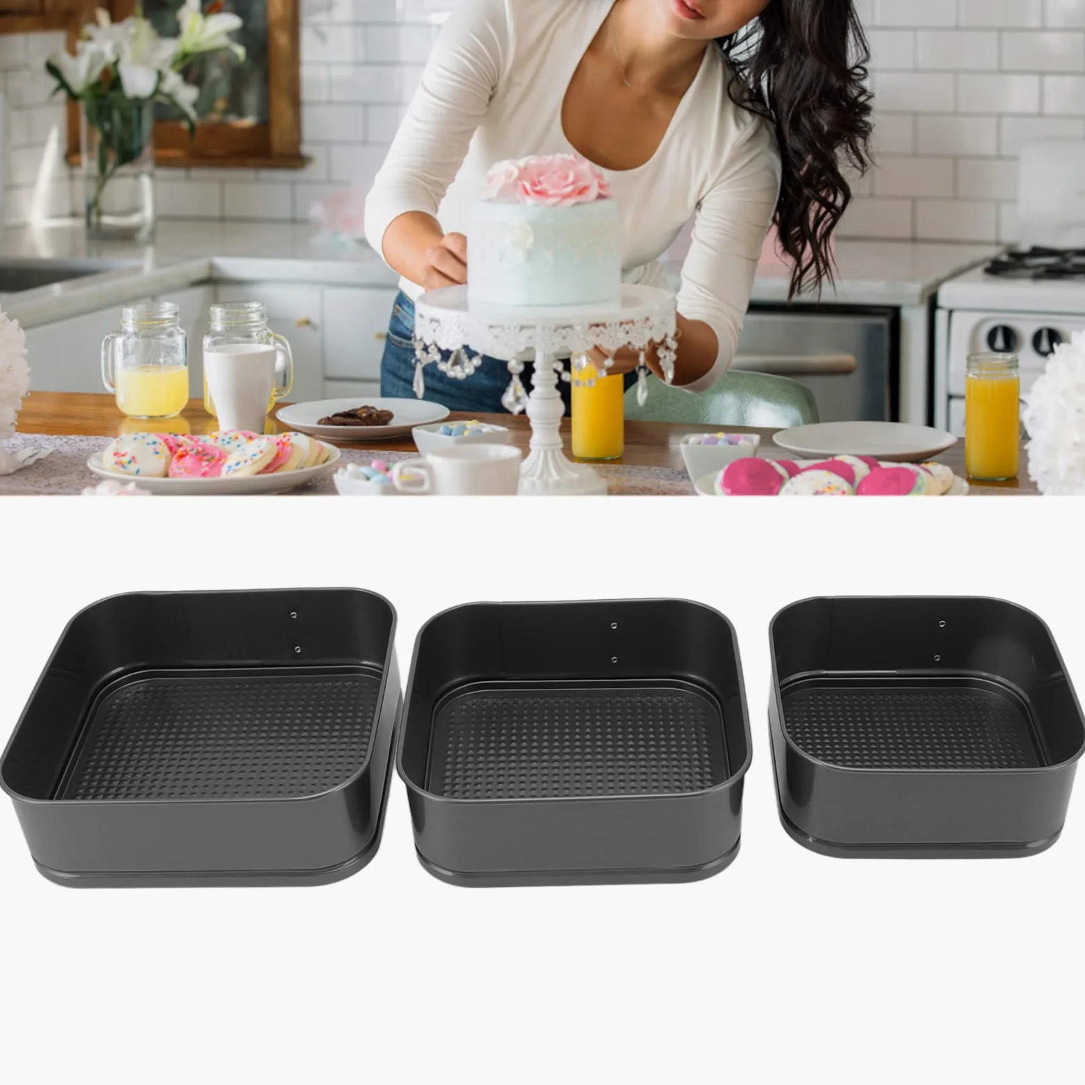 3Pcs Springform Pan, Leakproof Nonstick Cheesecake Pan with Stainless Steel Spring Buckle, Springform Cake Pan with Removable Bottom for Cheesecake Pizza Bread (24/26/28)