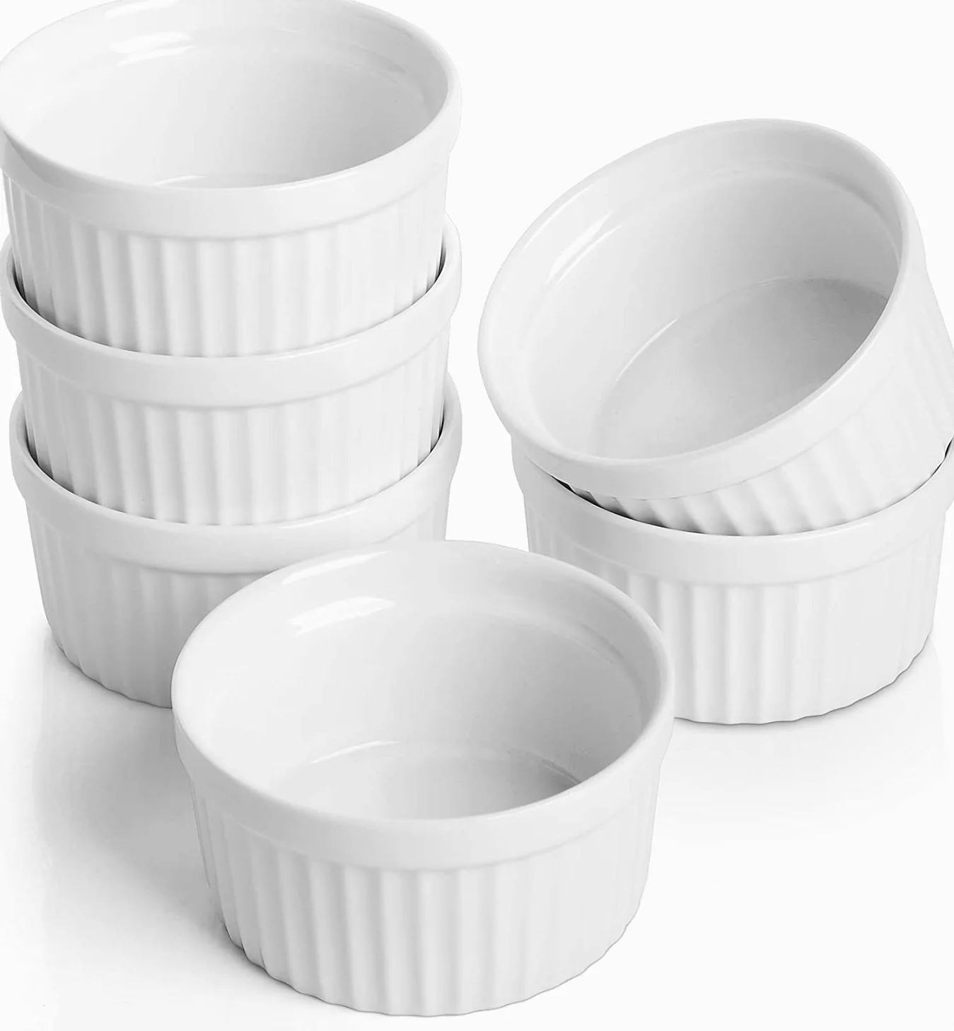 Samsle Juego de 6 ramequines de porcelana de 6 onzas para crema brulee, souffle, pasteles de lava, pudín, tazas de natillas para hornear y sumergir, aptos para horno, blanco de 3.7 pulgadas