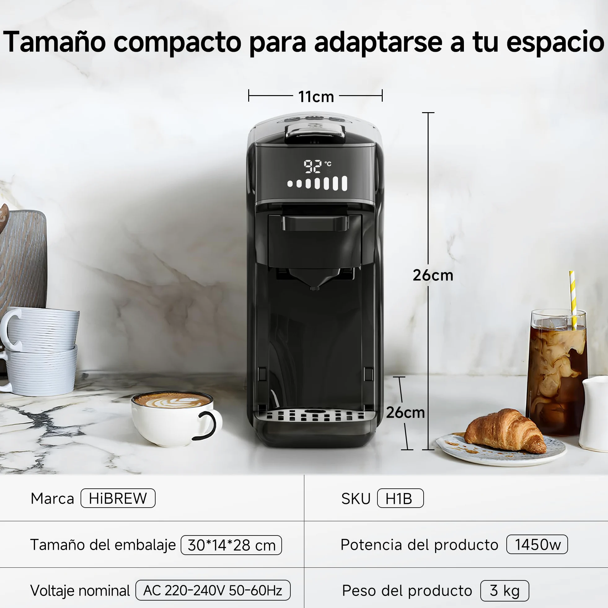 HIBREW H1B - Cafetera de cápsulas 6 en 1 | Compatible con Ns*/DG*/ Es*/Kcup*/Café Molido, Botón único Infusión Caliente y Frío, Temperatura y Cantidad Ajustable