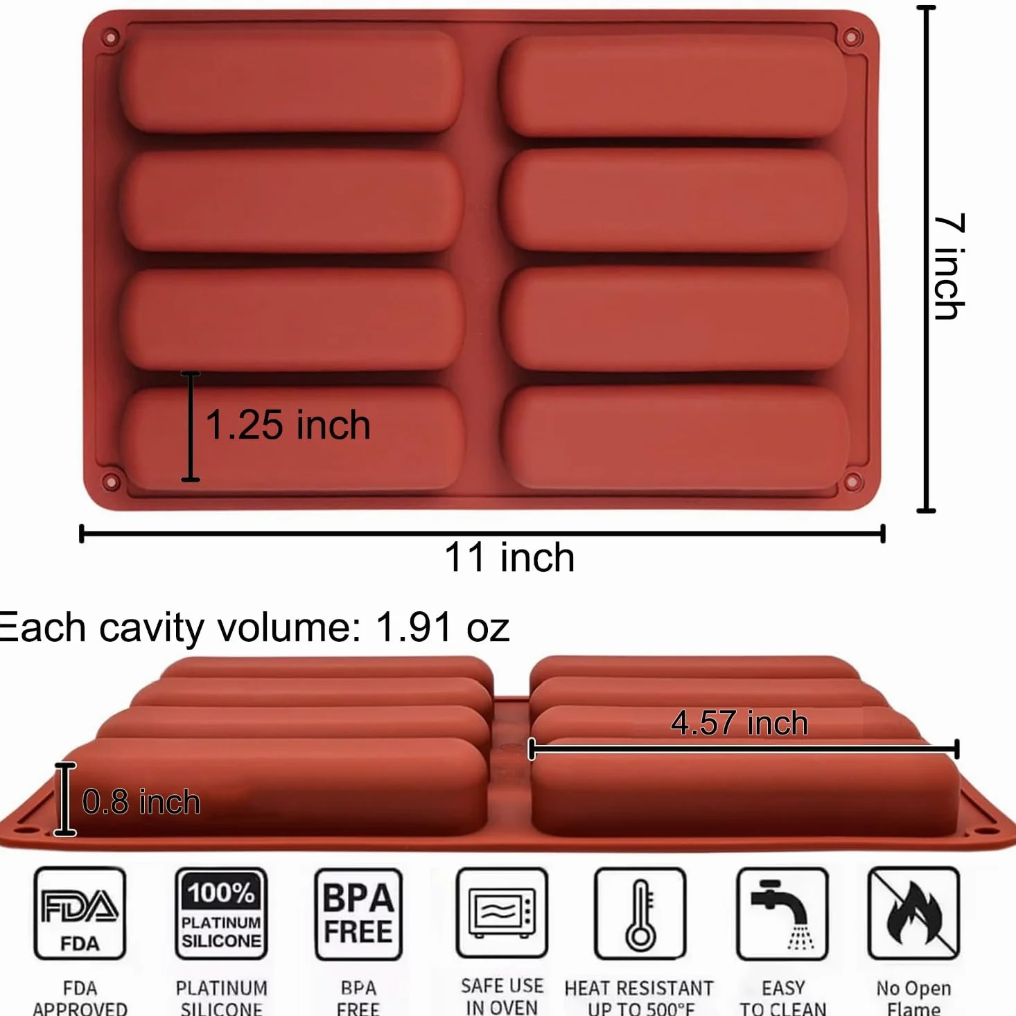 Molde de silicona para galletas de dedos, paquete de 2 moldes con forma de dedo de 8 cavidades, barras de granola, molde rectangular para hornear barras energéticas, barra de chocolate, pan,