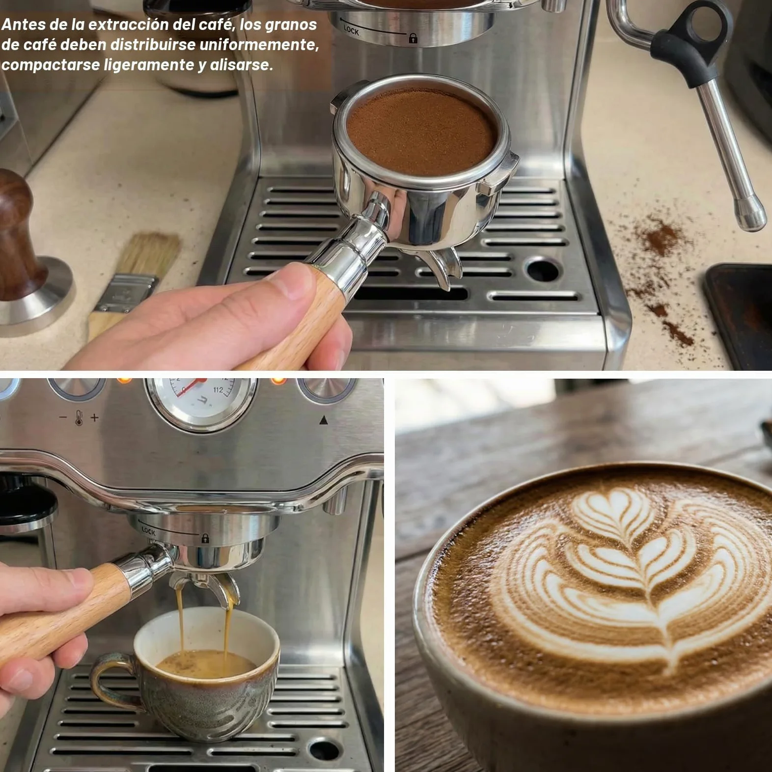 Portafiltro de 51 mm para cafetera DeLonghi EM450M, 3 orejas 4mm de espesor, Para Casabrews CM5418/Cecotec Power Espresso 20, soporte de filtro de acero inoxidable con mango de madera premium