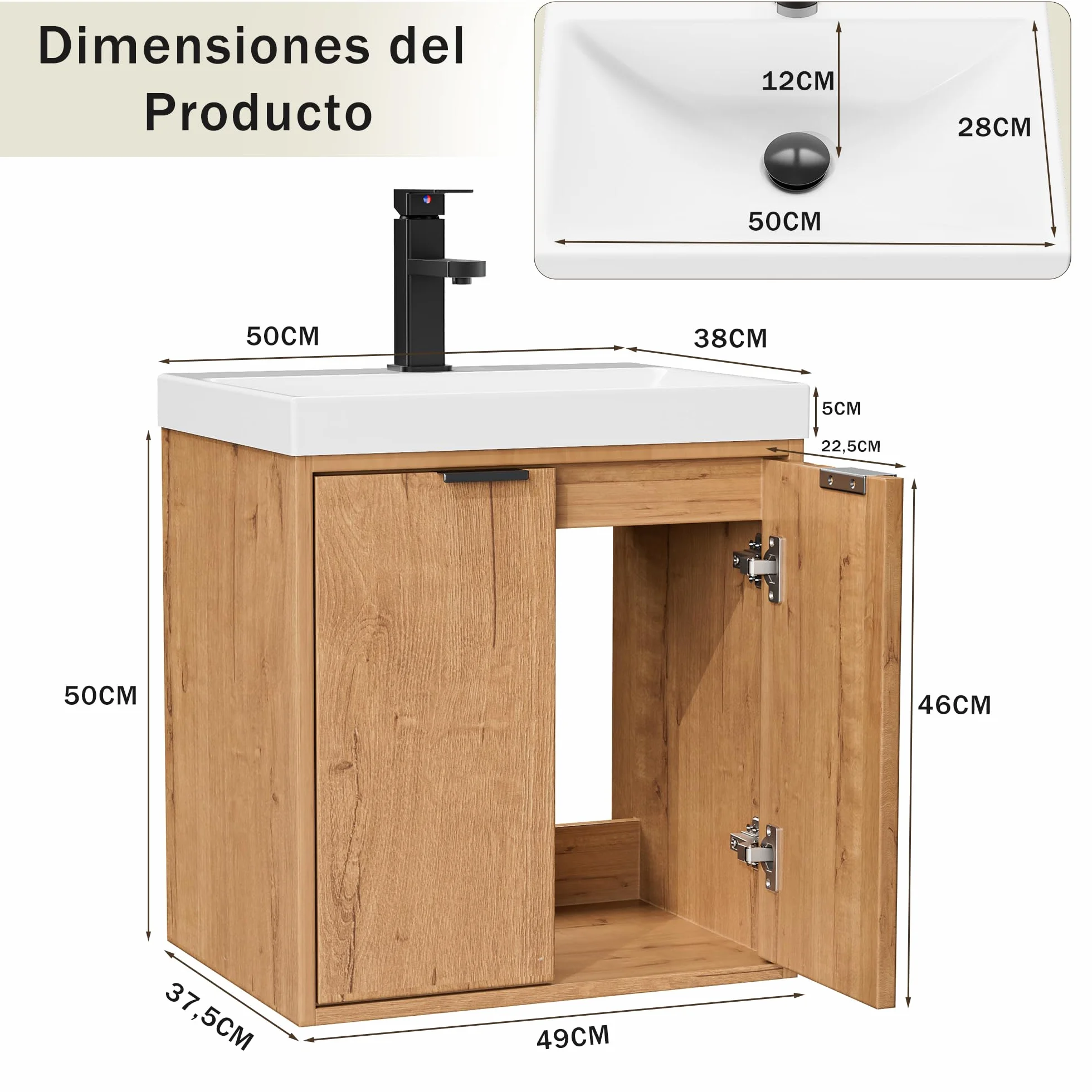 UEV Mueble de Baño con 2 Puertas y Lavabo de Resina, Mueble de Baño Suspendido con Diseño único y Práctico, Conjunto de Muebles con Motivo en Relieve, 49 x 37,5 x 50, Natural