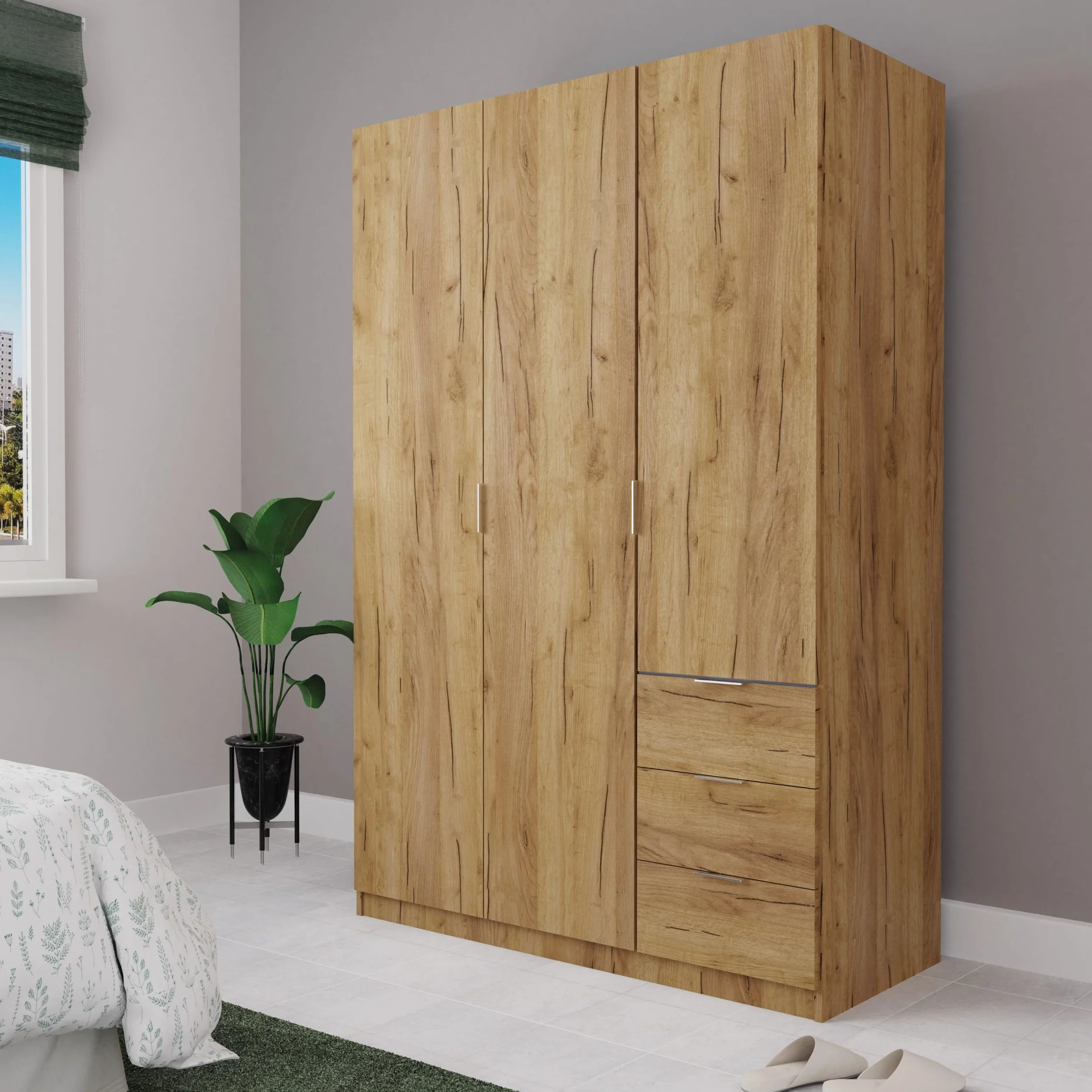MUEBLES PITARCH Armario Dormitorio Ropero 3 Puertas 3 Cajones, Roble Kraft, 180x120x50 cm(Alto x Ancho x Fondo), Mueble Auxiliar Moderno, Colección Turín