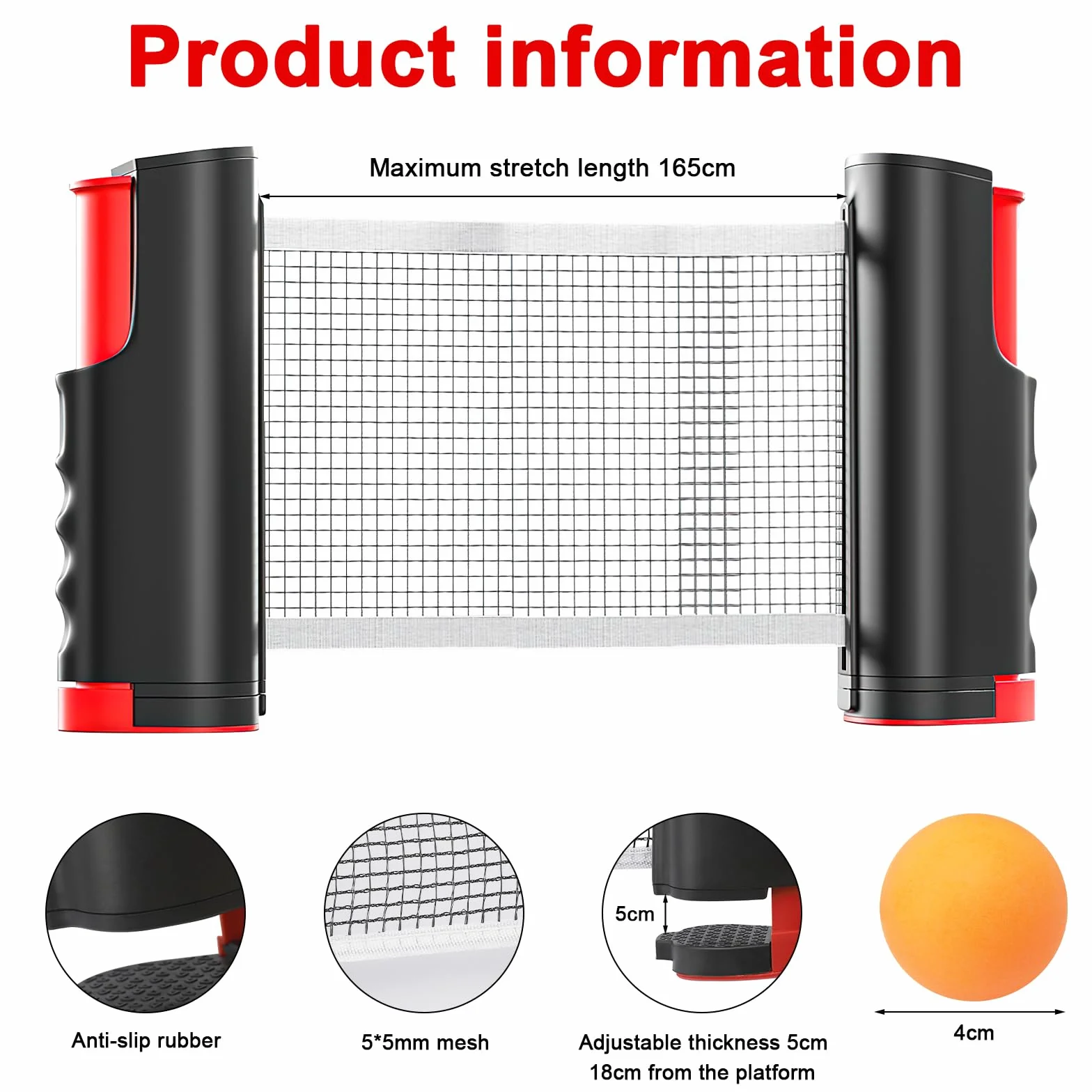Red de ping pong extensible portátil 165 cm con 5 pelotas