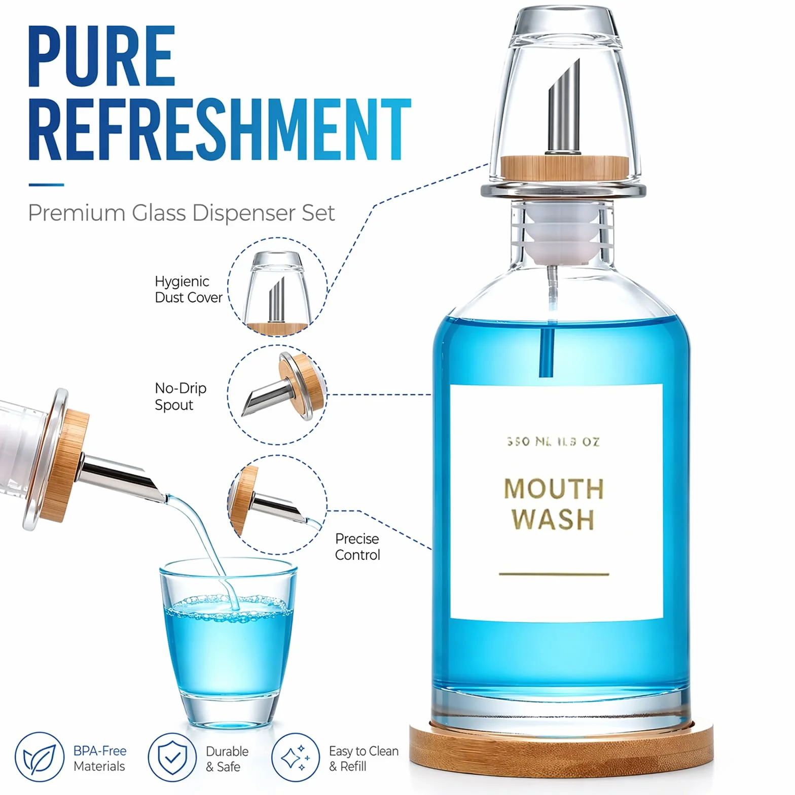 Dispensador de enjuague bucal de 350 ml, dispensador de vasos con bandeja de bambú, embudo de acero inoxidable, pegatinas, vaso de cristal, para baño, manual, antigoteo, vidrio de calcio de