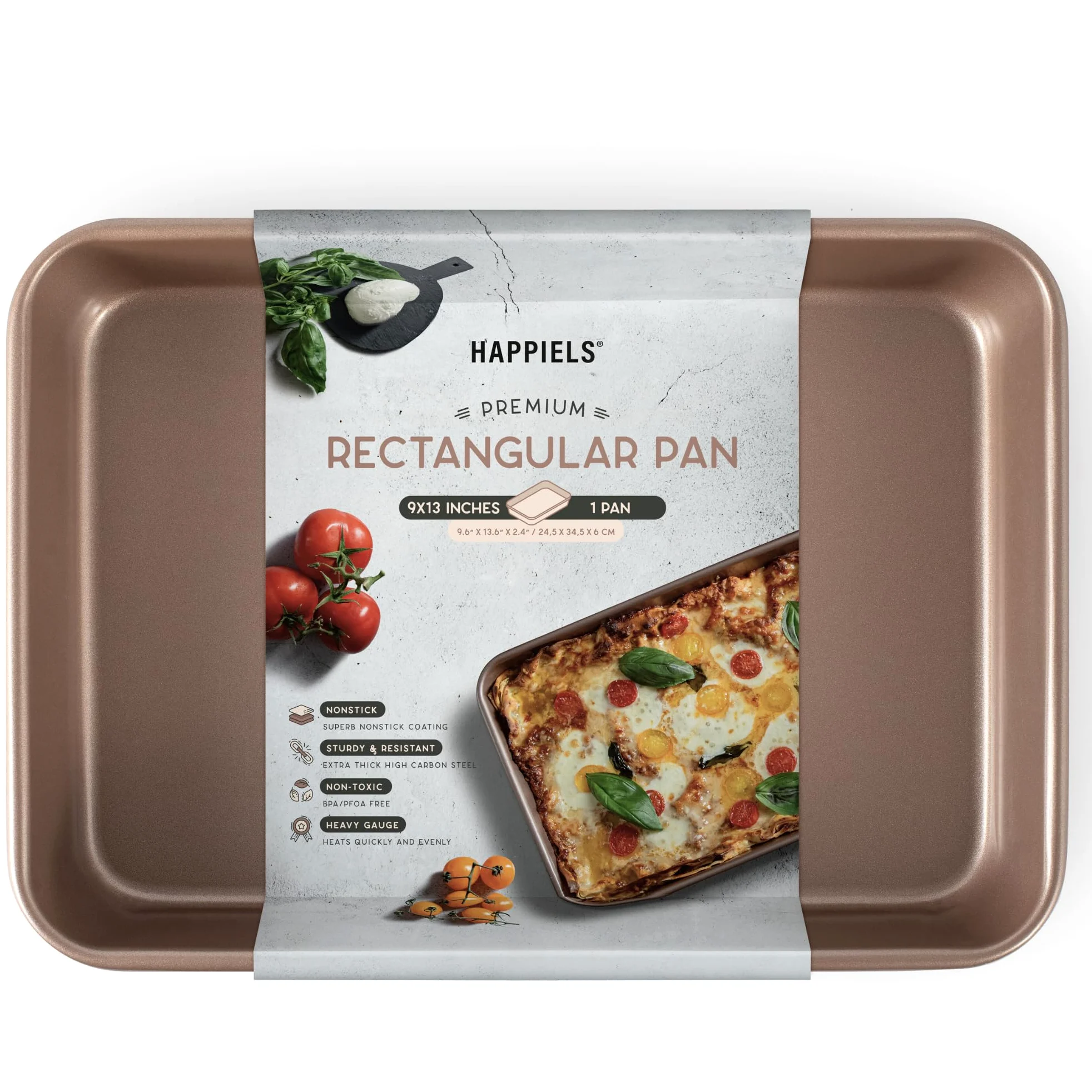 HAPPIELS Molde antiadherente para tartas de 22,9 x 33 cm, sin PFOA ni BPA | No tóxico, acero de alto carbono, dorado, sartén rectangular para horno