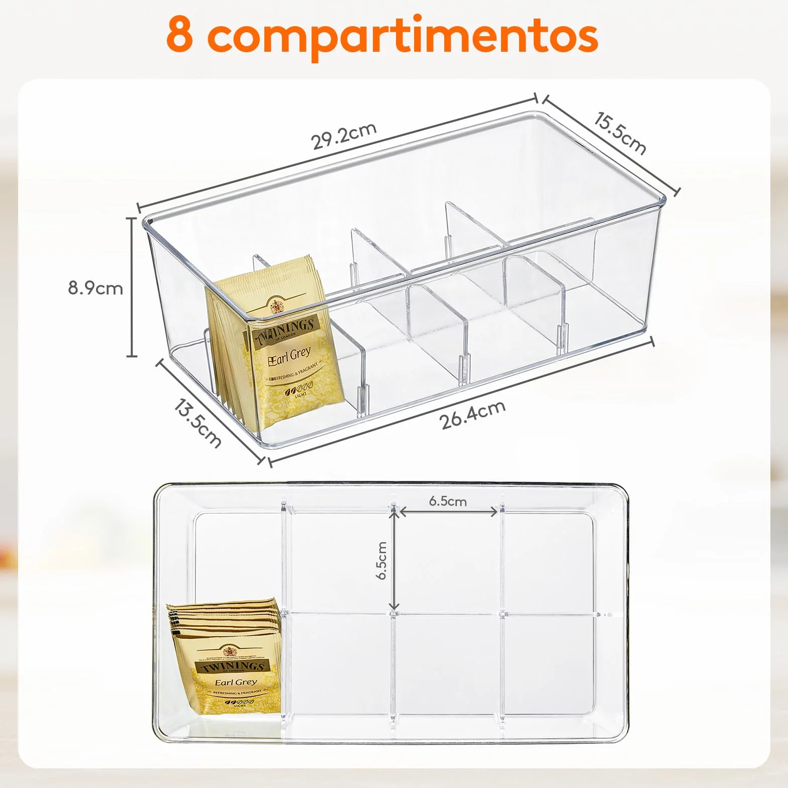 Lifewit Organizadores Apilables de Plástico para Bolsas de Té, Caja para Gabinetes de Cocina, Despensa, Ideal para Cápsulas de Café, Sobres de Azúcar, 8 Secciones, Transparente, 2 Piezas, 29cm(L)