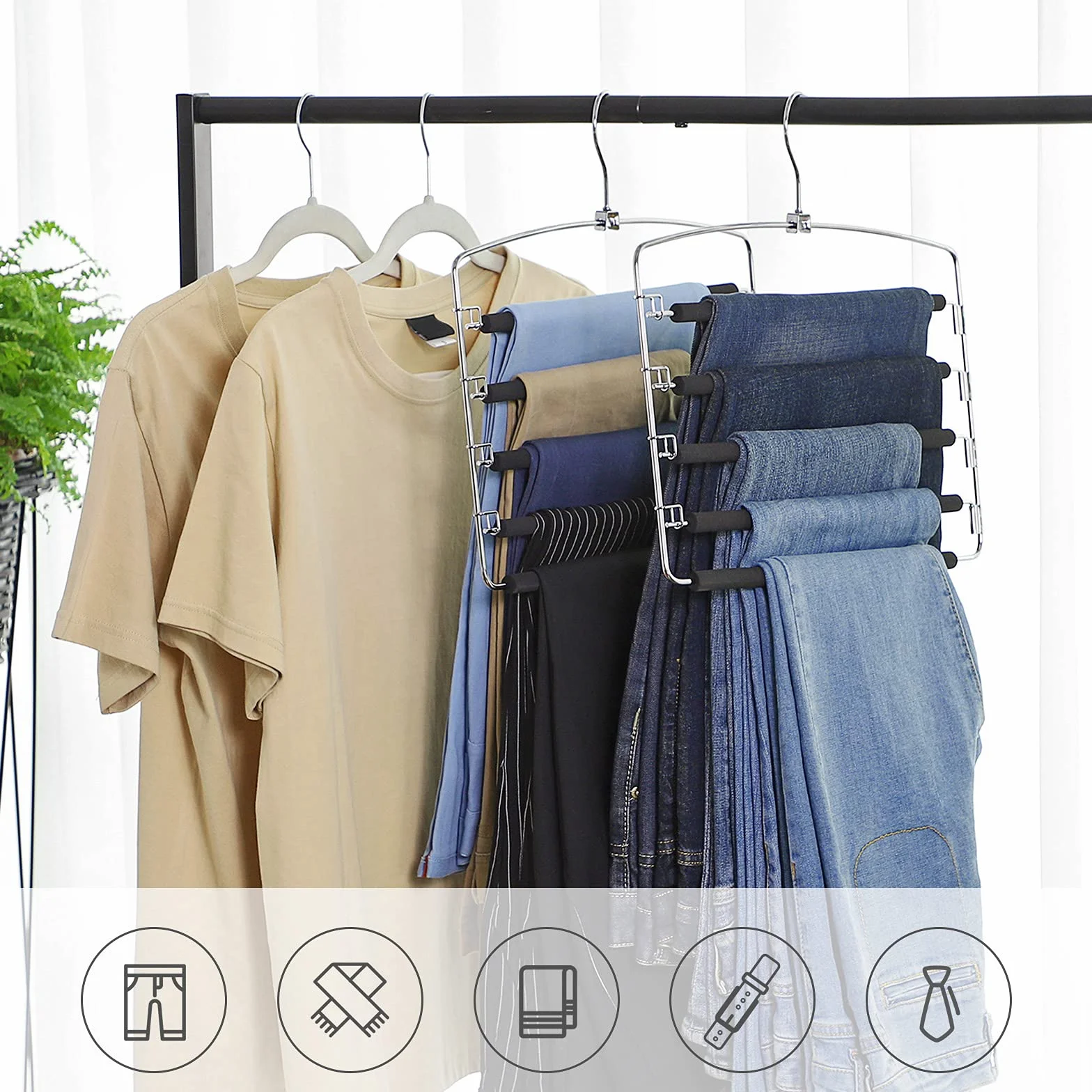 SONGMICS Perchas para Pantalones,Juego de 3, Metal,Multi-Barras,Ahorran Espacio,Estable con Acolchado Antideslizante, Barras de Columpio,para 5 Vaqueros Cada Una,Traje, Bufandas, Corbatas CRI041BK