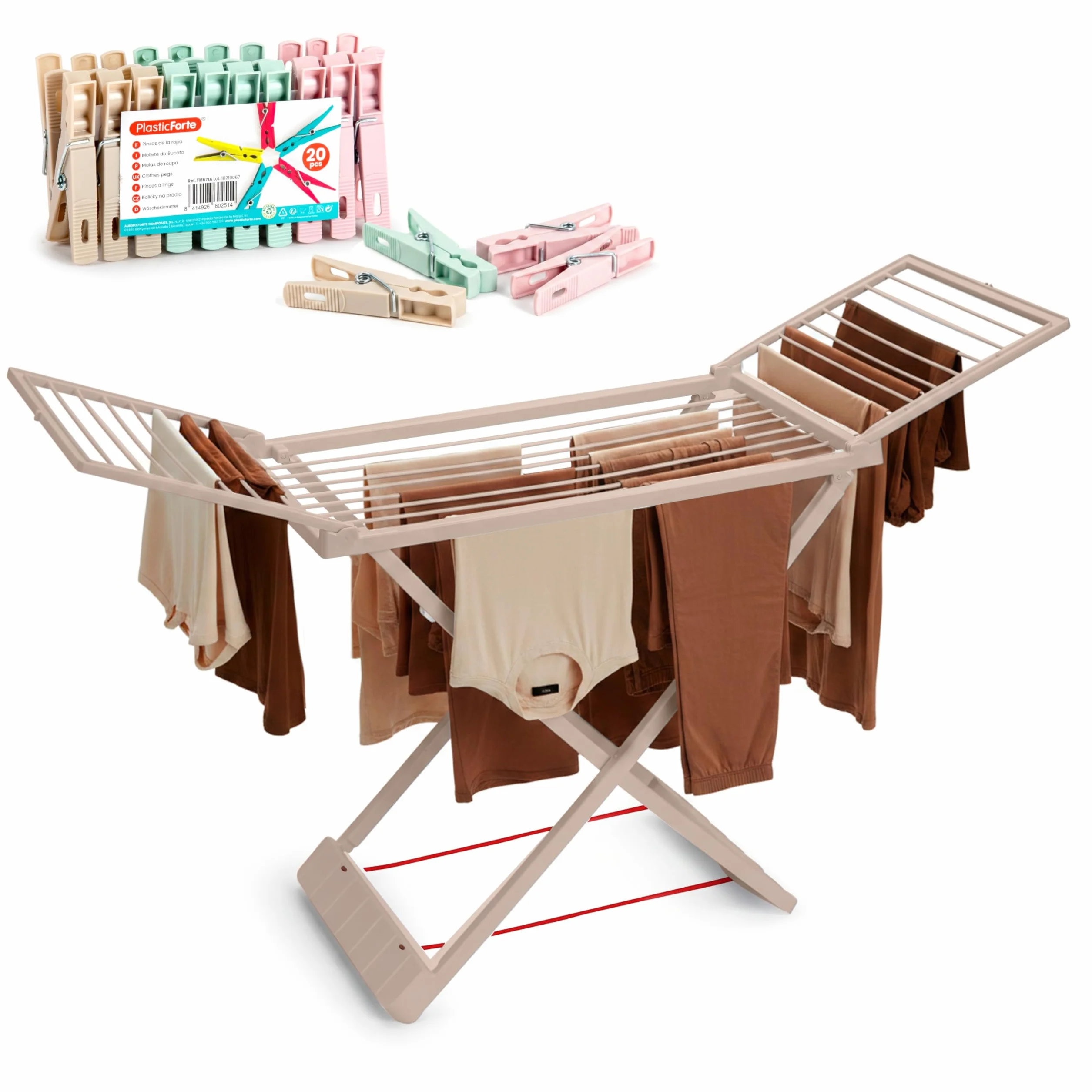 PlasticForte Tendedero Plegable Extendible 20 m para Balcón, Pinzas, Resistente Sol, Marrón
