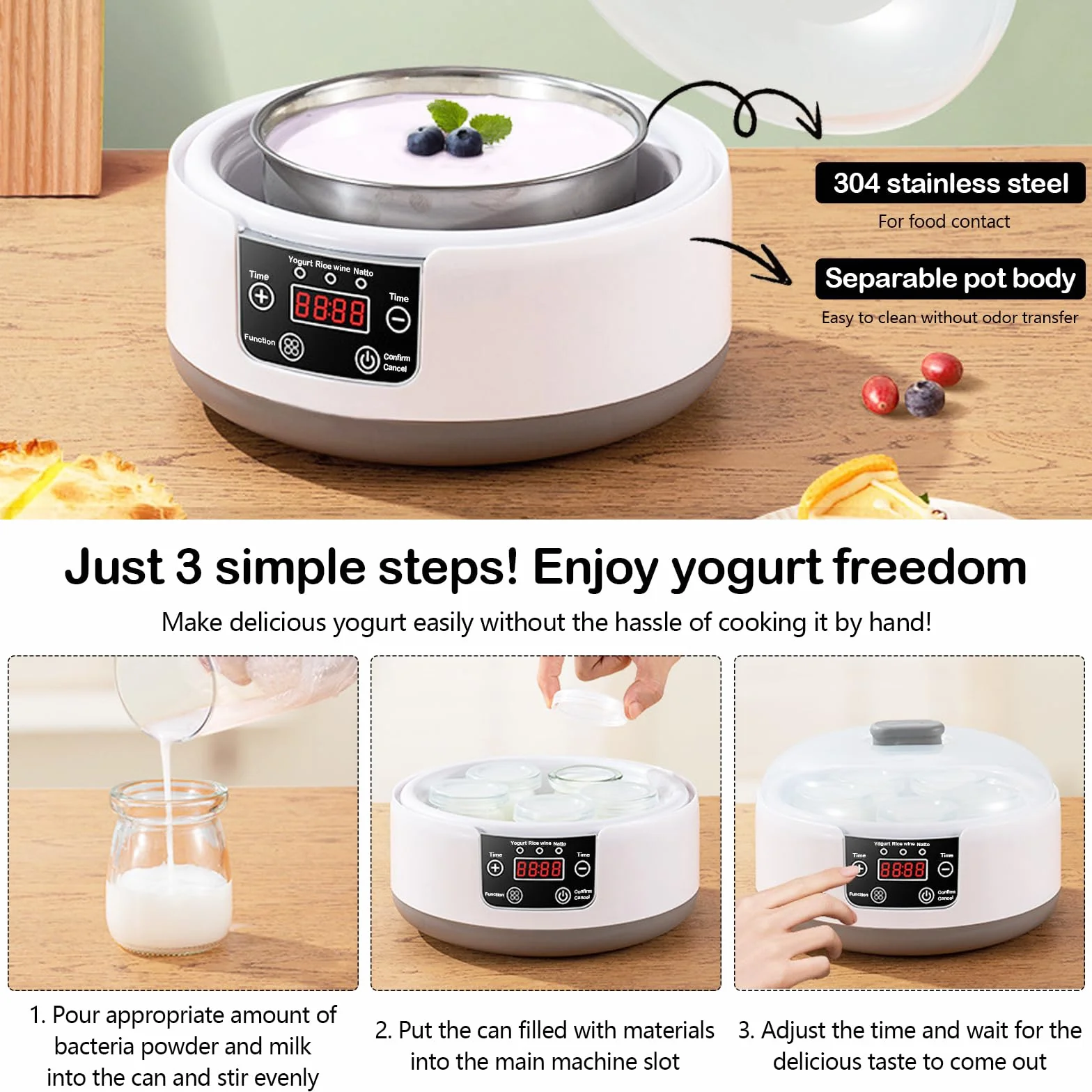 Aisny Yogurtera, Máquina de Yogur con Tazón de Yogur de Acero Inoxidable y 5 Tazas de Yogur 220V 15W Yogurtera Yogur Griego Casero para Hacer Yogur Orgánico Endulzado o Sin Azúcar