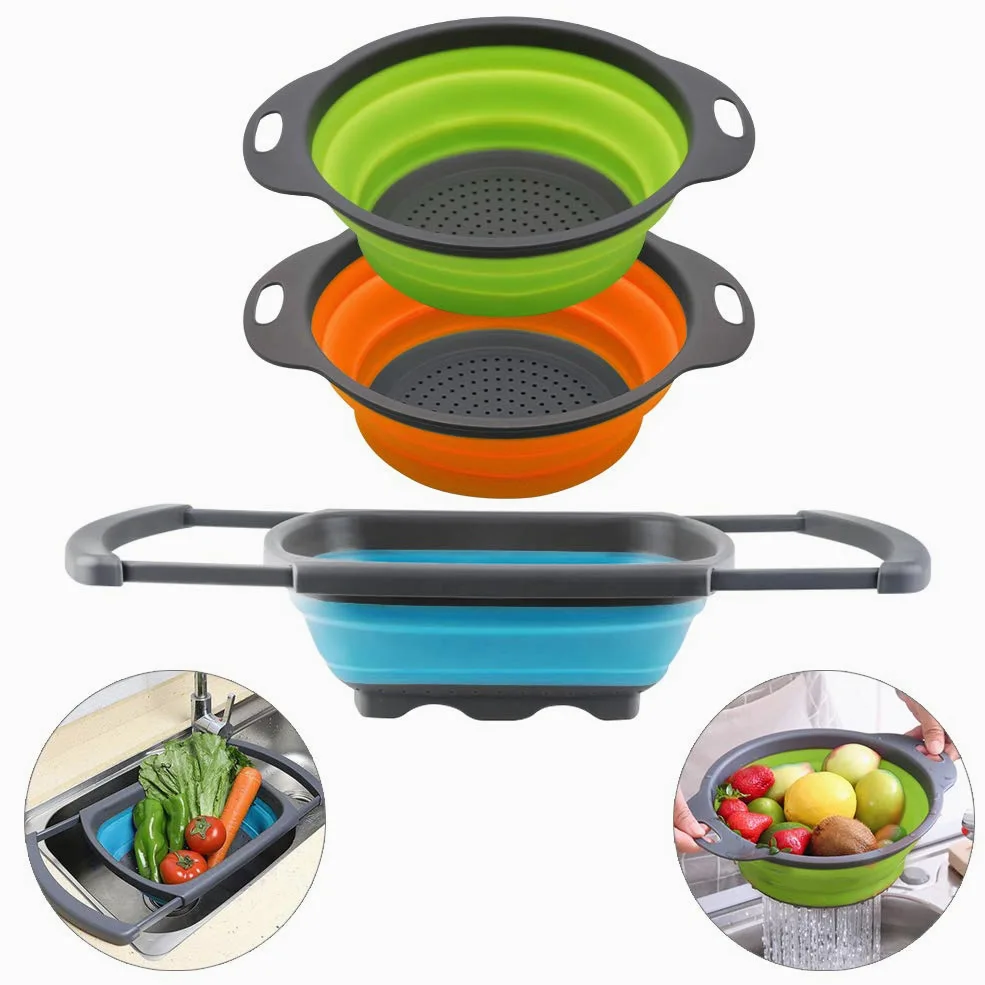 QiMH Juego de 3-2 coladores plegables de 4 cuartos y 1 colador de 6 cuartos de galón sobre el fregadero, base de plástico resistente de grado alimenticio, colador de alimentos plegable de silicona