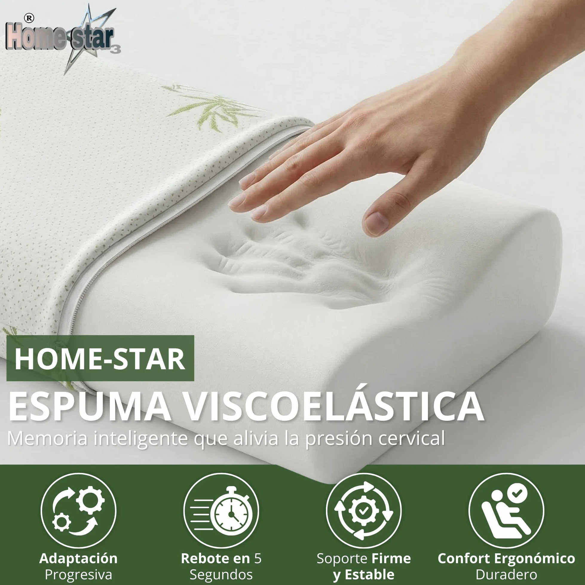 Almohada Cervical 2 en 1, Viscoelástica Memory Foam, Doble Altura Ergonómica, Alivia el Dolor Cervical, Dormir de Lado y Boca Arriba, Funda de Bambú Lavable, 60x40 cm