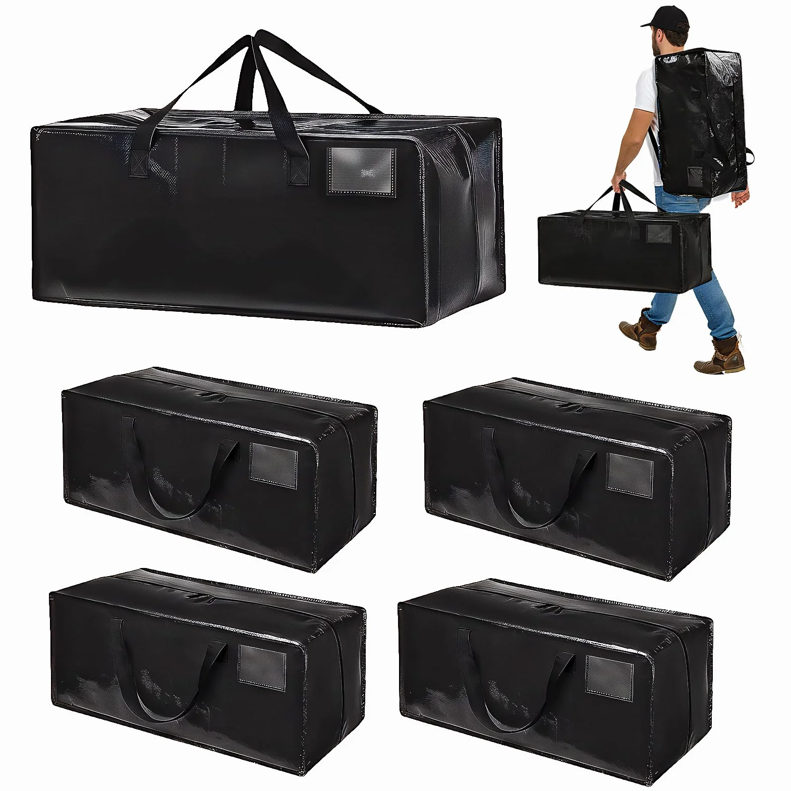 Bolsa Mudanza Grande 90L, Impermeable Bolsas de Mudanza con Correas de Mochila, Cremallera y Asas Resistentes, Bolsas de Almacenamiento Ahorrar Espacio para Guardar Ropa y Embala (Negro, 4pcs)