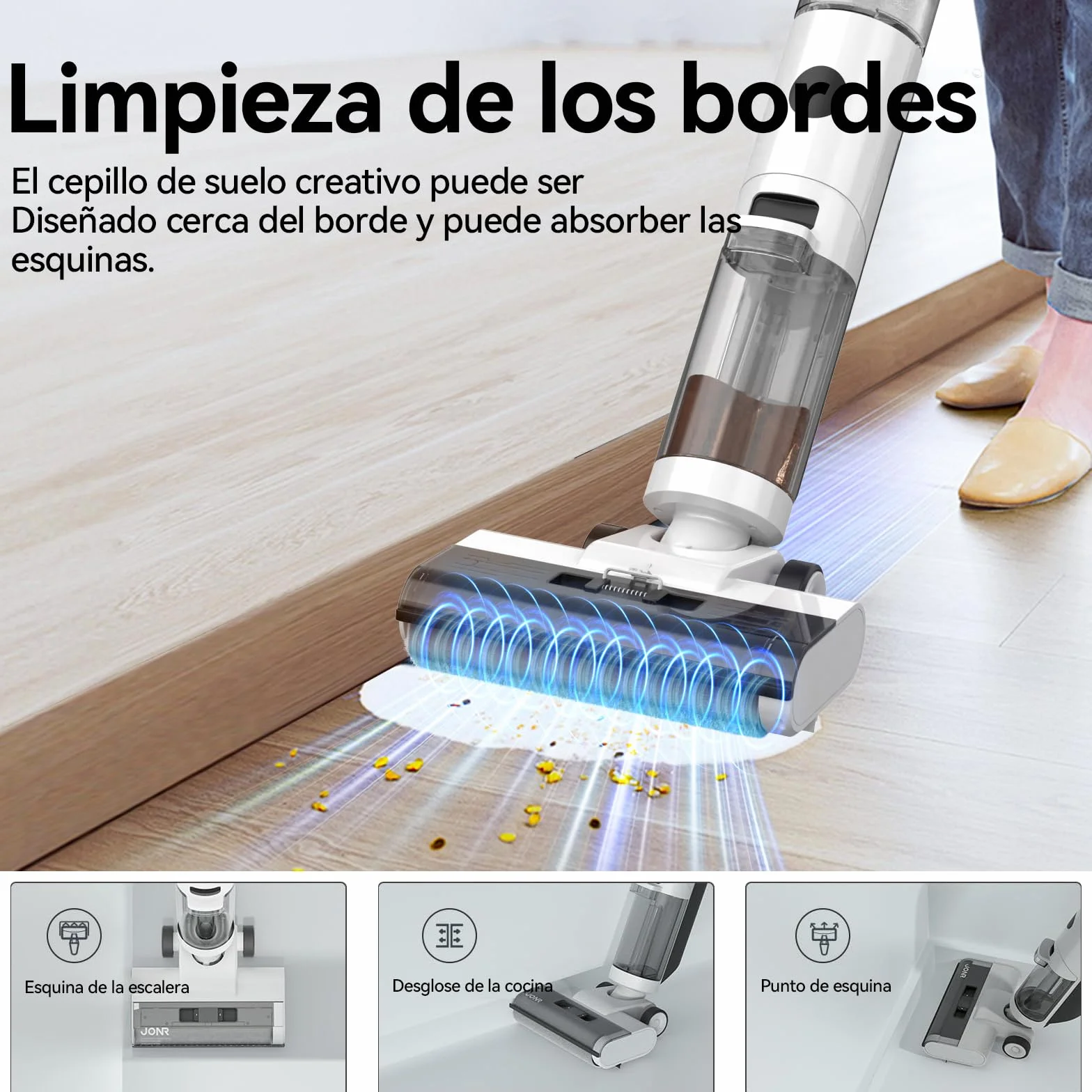 JONR ED12 Aspiradora fregadora sin Cable, Friega y Aspira a la Vez, Limpieza de Bordes, Autolimpieza, fregona electrica para Limpiar Suelos de casa y Pelo de Animales
