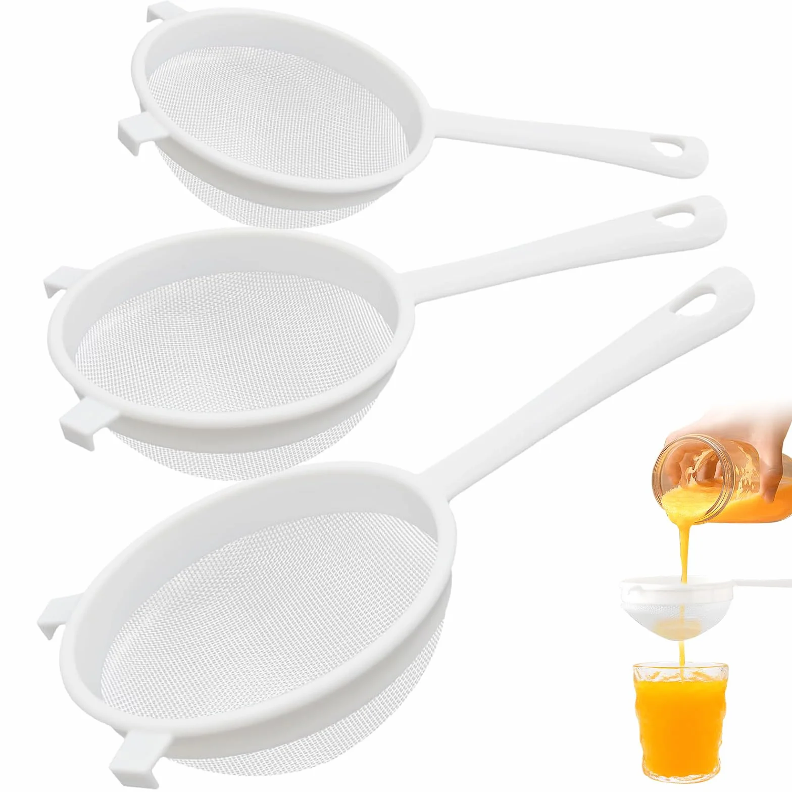 3 Piezas Colador de Plástico, Colador Multiusos, Filtros de Mano Zumos, Coladores de Doble Oído con Orificio para Colgar, Adecuado para Filtrar Té, Pasta, Harina, Arroz y Jugo