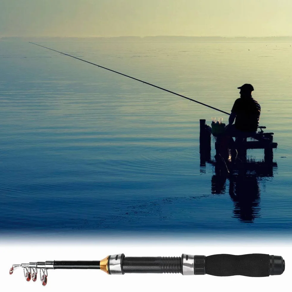 Alomejor Mini caña de Pescar portátil 1M Fibra de Carbono Carrete Giratorio 360° para Agua Dulce y Mar