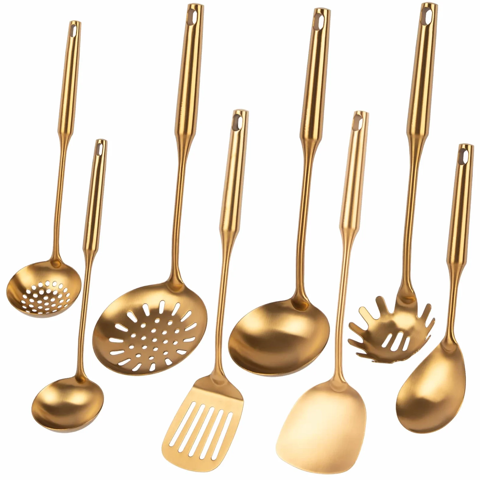 Juego de utensilios de cocina dorados, 8 piezas de acero inoxidable 304, herramientas de cocina totalmente metálicas, espátula, cucharón de sopa, skimmer, espátula ranurada, servidor de espagueti