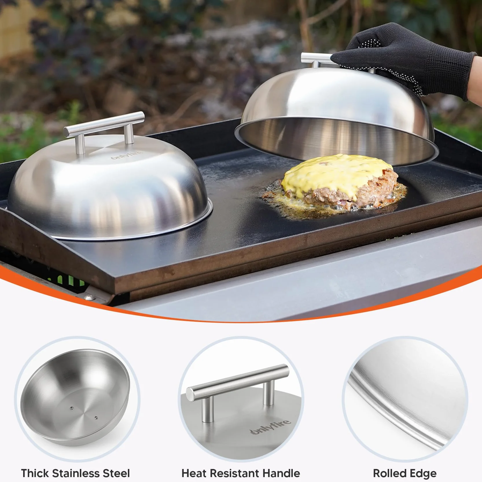 onlyfire Smash Burger Kit, Smash Burger de Hierro Fundido de Φ15,2 cm y 2 Tapa para Hamburguesas de Φ22,8 cm, Kits de Utensilios Profesionales para Barbacoa, Teppanyaki y Camping