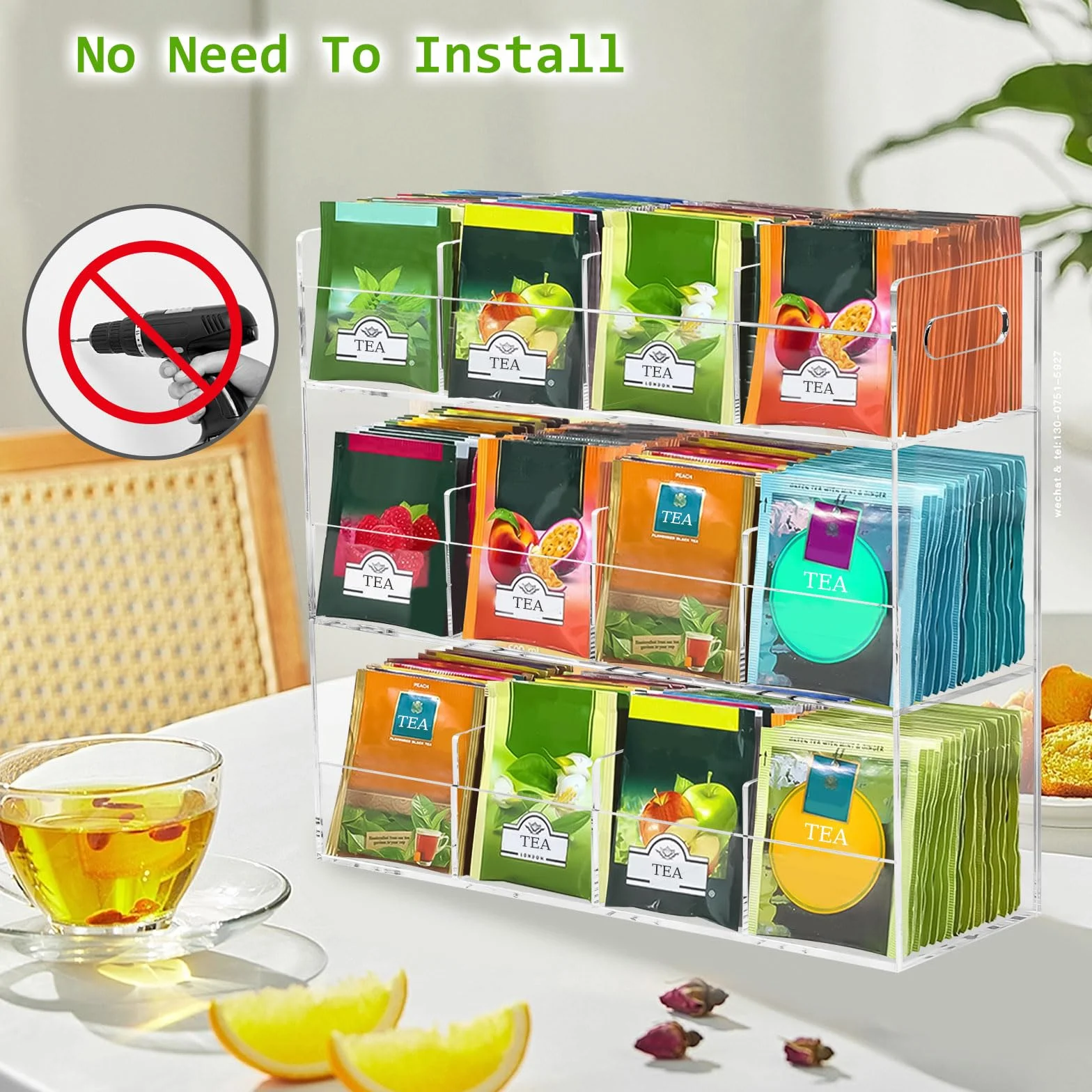 Organizador Infusiones de Acrílico, Caja Infusiones Vertical con 12 Compartimentos para 216 Bolsas de Té, Estante de Té Contenedores para Paquetes de té, Café, Azúcar