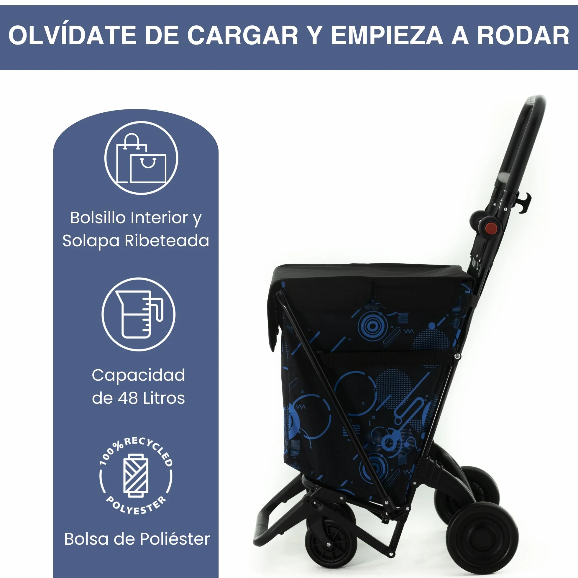 GARMOL Carro de la Compra Plegable 48 litros | Carro de la Compra 4 Ruedas Gran Capacidad | Carrito Compra 4 Ruedas Plegable Color Azul