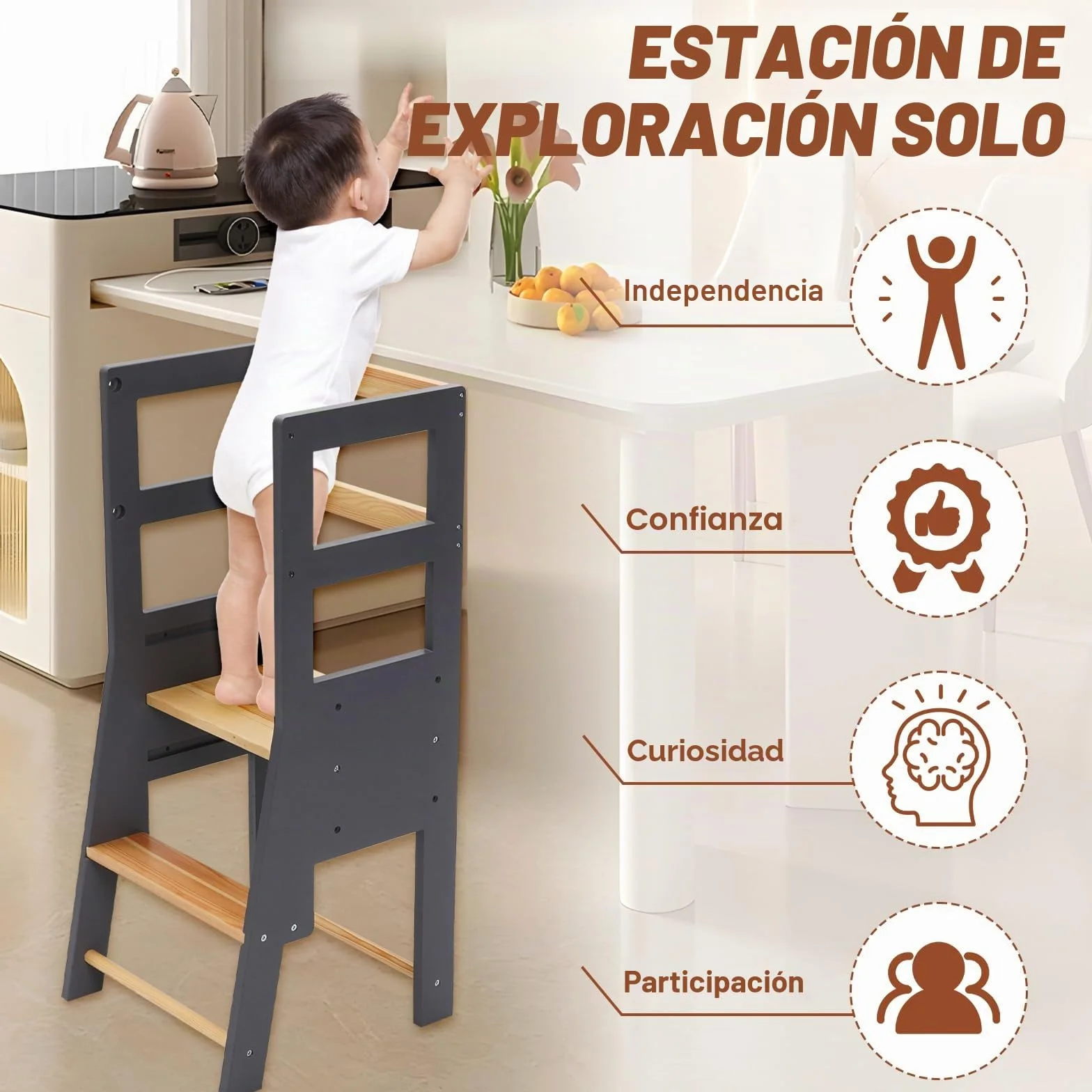 Torre Aprendizaje Montessori Altura Regulable Barandilla Seguridad Taburete Bebe 2 Años Cocina Baño Sala Estar Dormitorio Negra