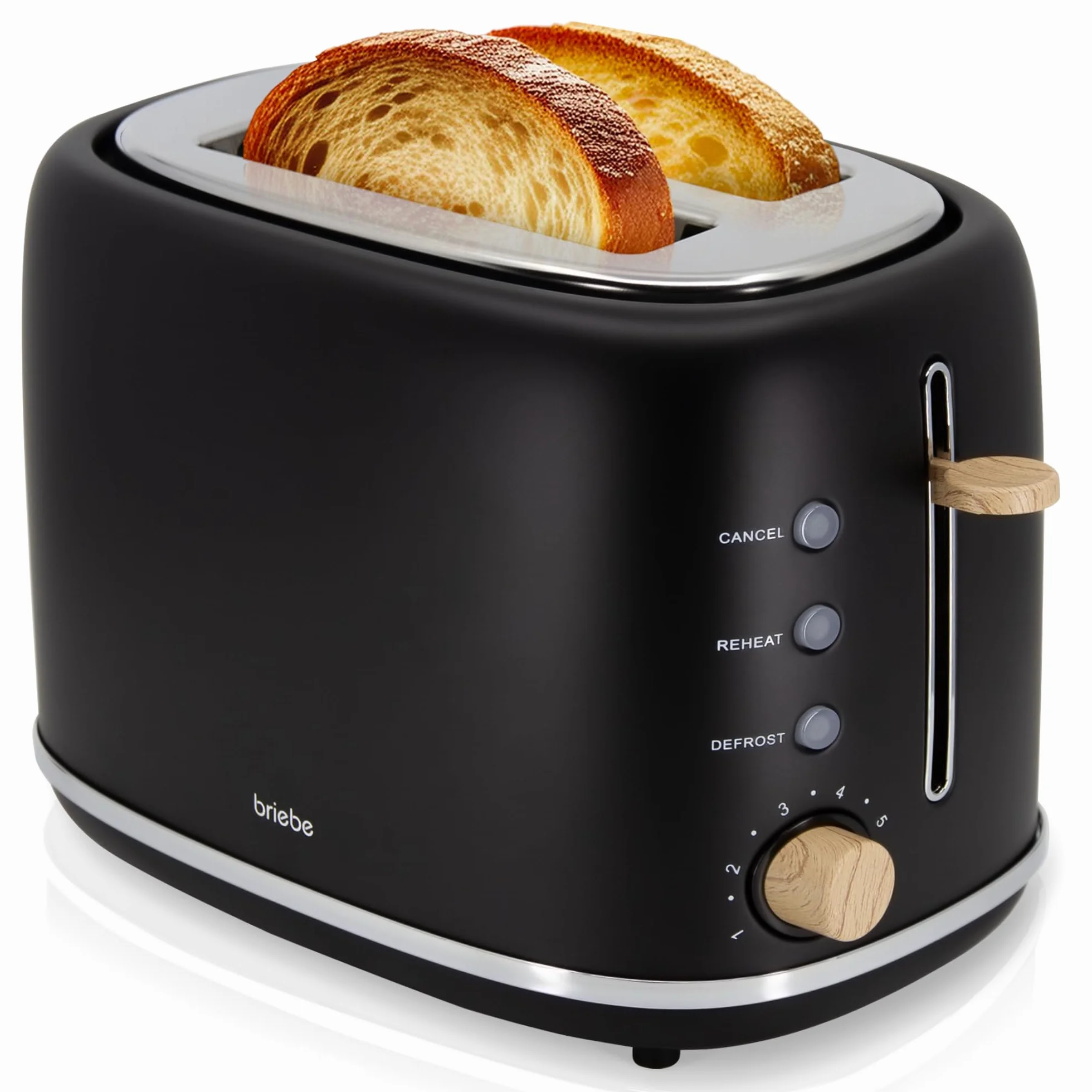 briebe Nordic Tostadora Pan Ranura Ancha, Tostador 2 Rebanadas, 6 Niveles Tostado, Calientapanecillos, Función Cancelar, Recalentar y Descongelar, Bandeja Recogemigas, Diseño Nórdico, 870W, Negro