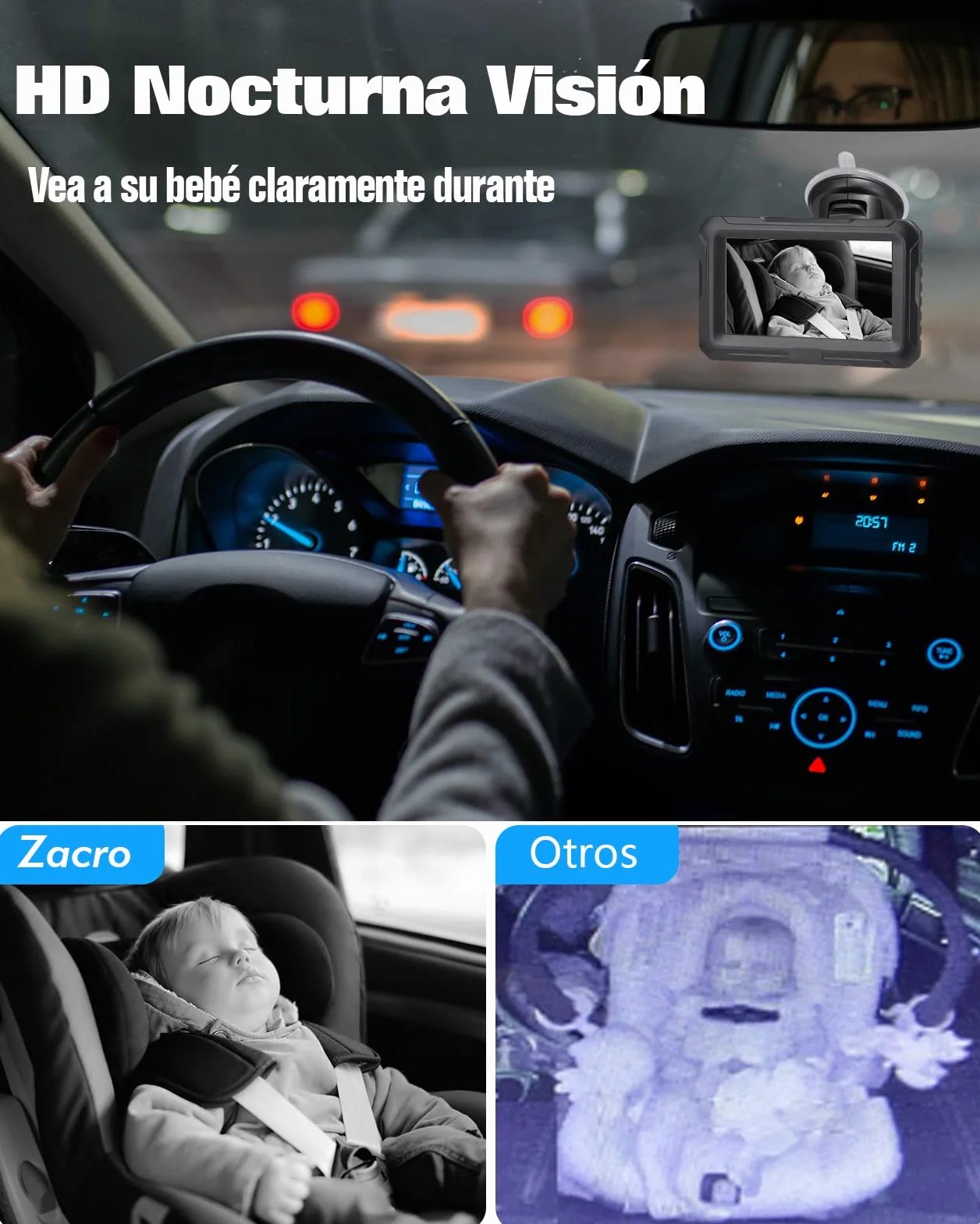 Zacro Cámara Bebé Asiento Trasero HD 1080P - Espejo Retrovisor Bebé Coche Pantalla 4.3'' - Monitores de Bebé para Coche con Función de Visión Nocturna, Ángulo de Visión Amplio