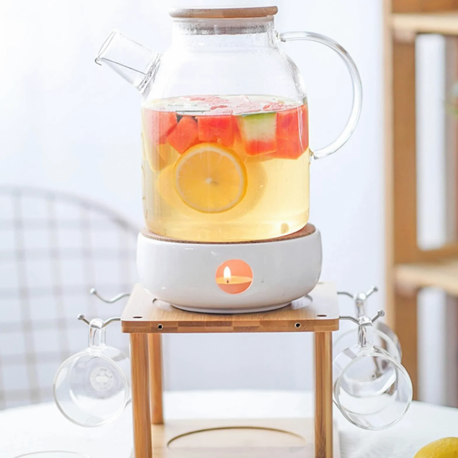 Jarra Agua Fria Jarra de la casa con el conjunto de la taza de vidrio Transparente Tetera de agua bebida Jugo con la bandeja de la oficina Regalo Botella de agua Webware Jarra Agua Detox Frutas