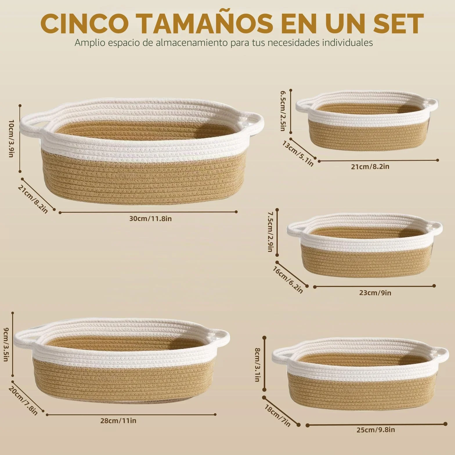 Juego de 5 Cestas Almacenaje de Cuerda de Algodón, Cestas Organizadoras con Asa, Cesta decorativa tejida