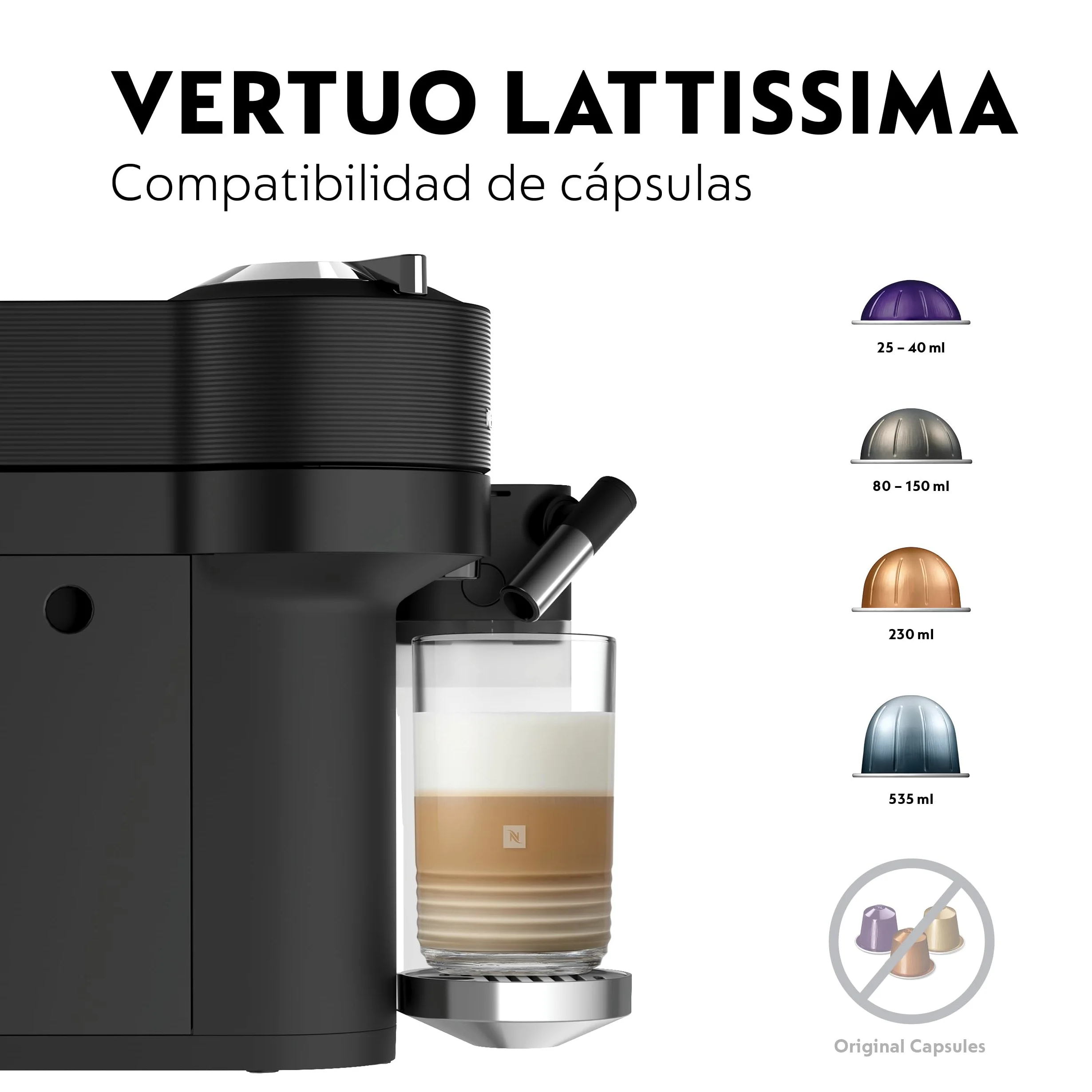 De'Longhi Nespresso Vertuo Lattissima ENV300.B, Máquina de Café Automática con Espumador de Leche Automático, Cafetera de Cápsulas Individual, 5 Tamaños de Taza, 1500W, Negro Mate y Brillante | Cafetera con sistema de leche integrado, 5 tamaños de taza, c