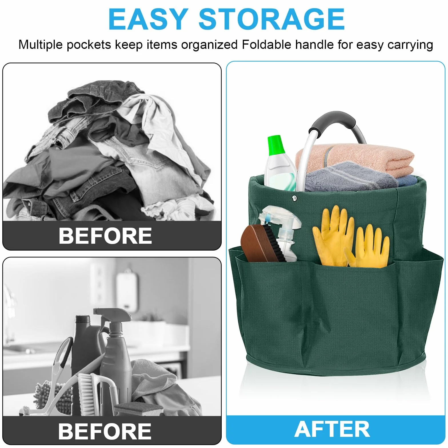 Organizador de productos de limpieza, bolsa de limpieza plegable con asa y 6 bolsillos para el hogar, jardín y baño, portátil y ahorra espacio, verde