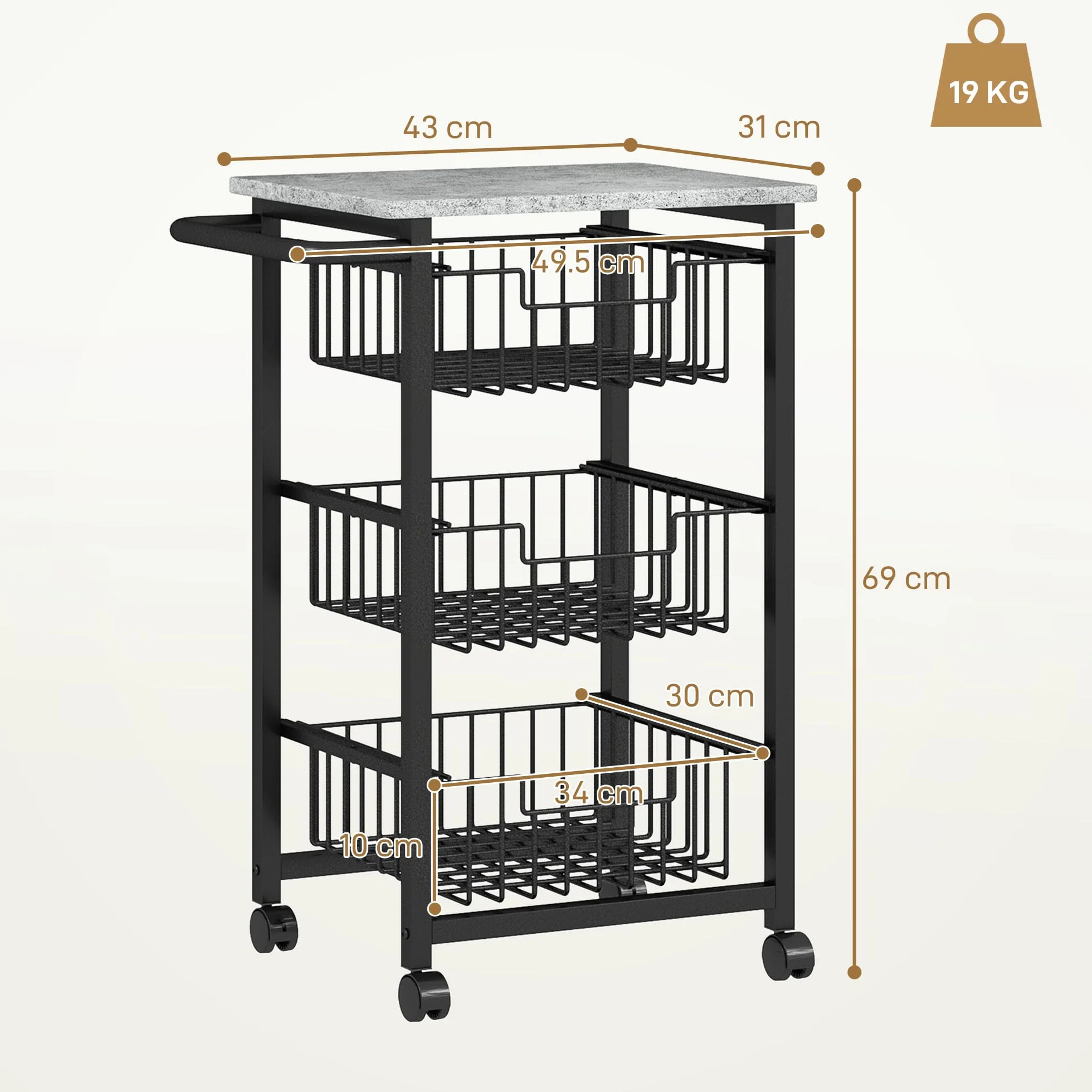 HOMCOM Carrito de Cocina Carrito Verdulero para Cocina con 3 Cestas Deslizables y Marco de Acero Carrito Auxiliar con Ruedas para Comedor 49,5x31x69 cm Gris Claro