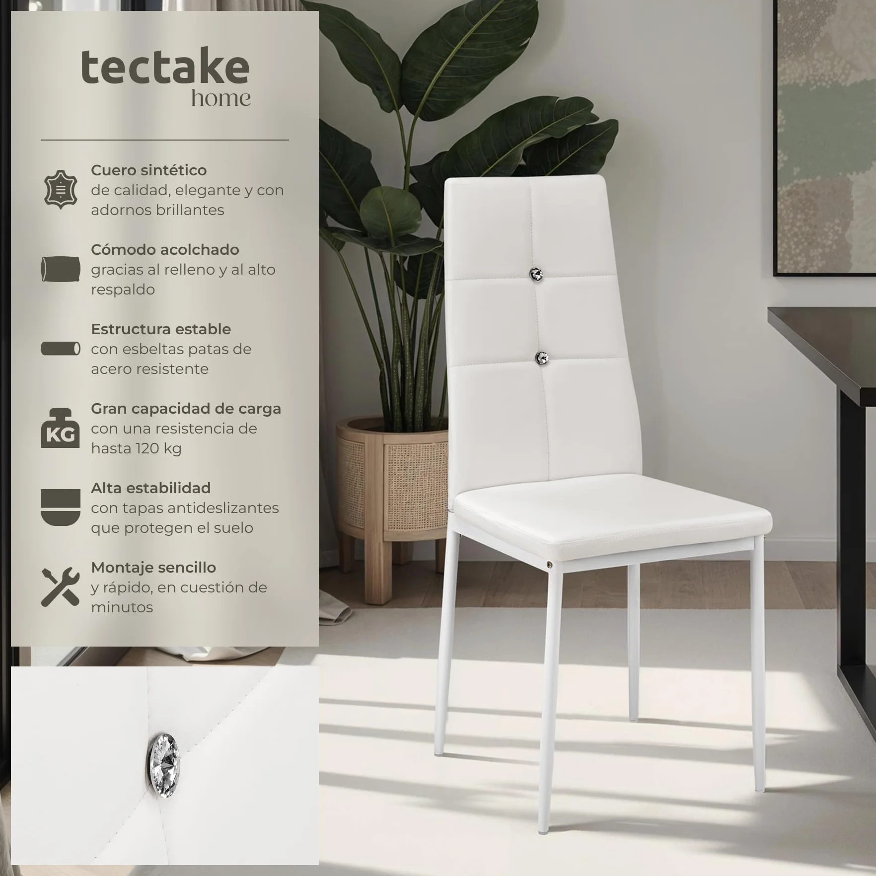 tectake® Silla de Comedor, Asiento y Respaldo Acolchado, Piel Sintética, Piedras Brillantes, Sillas Modernas, Sillas Cocina, Alta Capacidad de Carga, Montaje Rápido - 4 Sillas Blanco