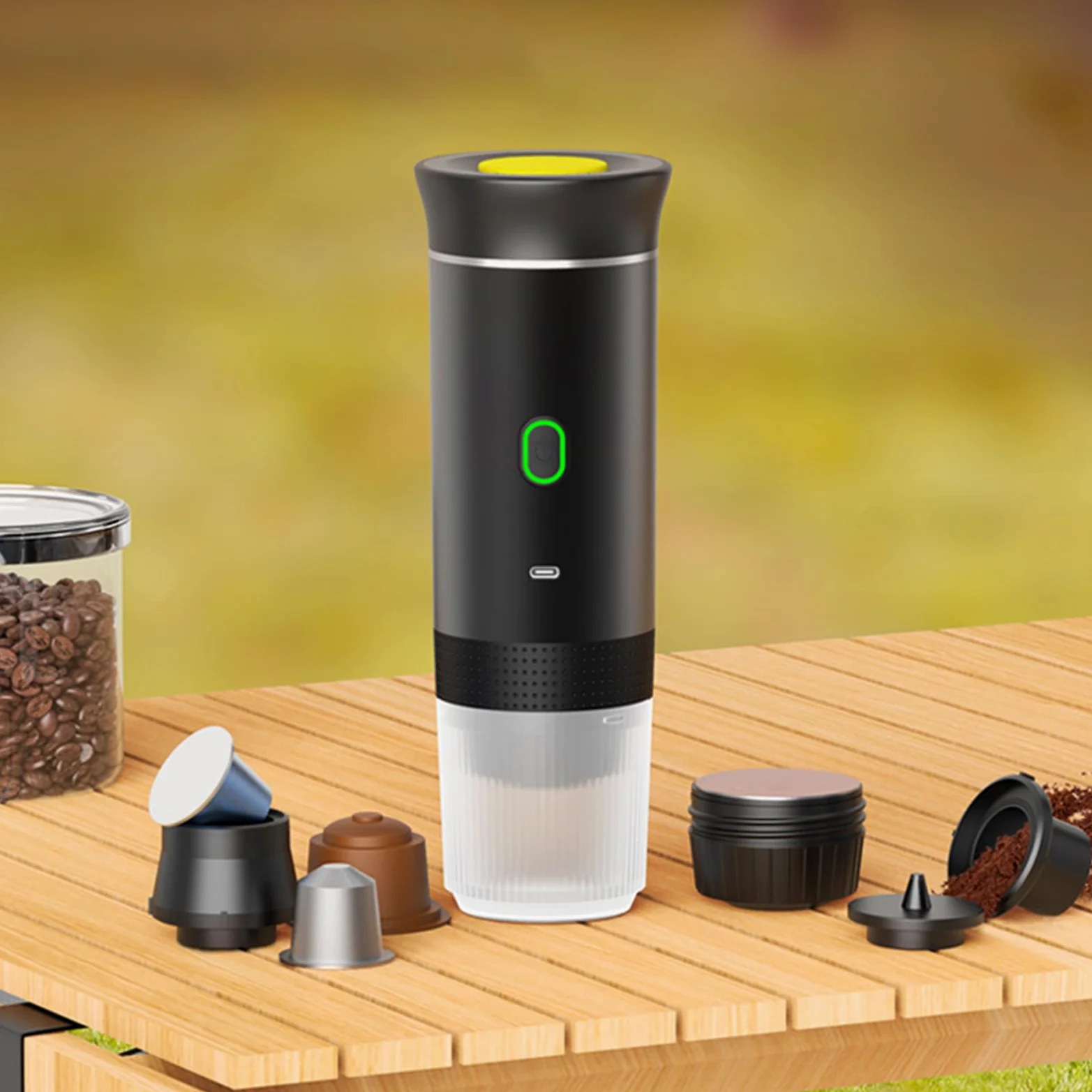 Cafetera inalámbrica portátil 3 en 1 para camping y viajes, batería recargable de 2500 mAh, máquina de café compacta para cápsulas/polvo, hogar, oficina, uso al aire libre (blanco)
