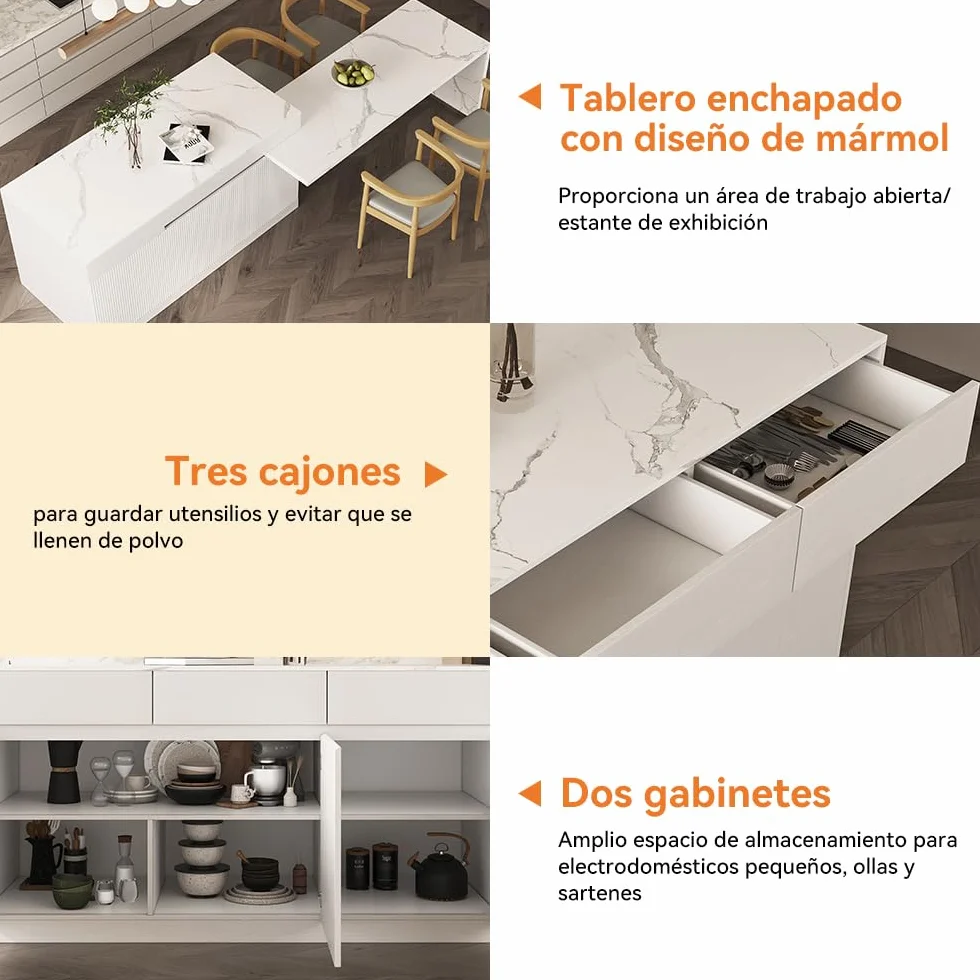 Homary Isla de Cocina Extensible con Almacenamiento múltiple para Cocina y Comedor, hacia la Derecha 205-268cm x 90cm (Blanco Mate y Blanco: Madera de ingeniería, Izquierda: 205-268cm)