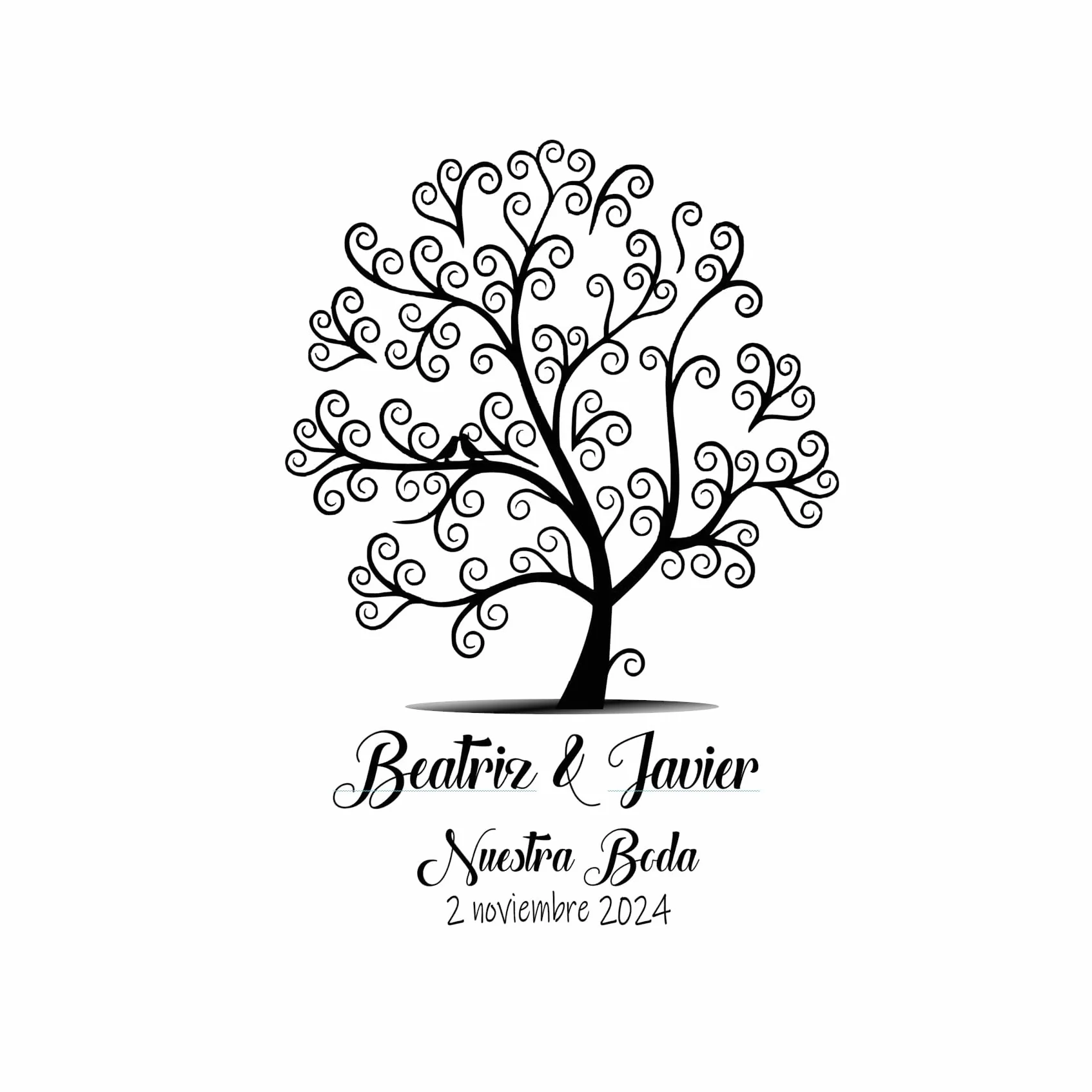 Cuadro árbol de Huellas. Personalizado Bodas, Comuniones, bautizos. Tintas e Instrucciones Incluidas.Modelo pajaritos. Hecho en España (Marco Negro, 40 x 50cm)