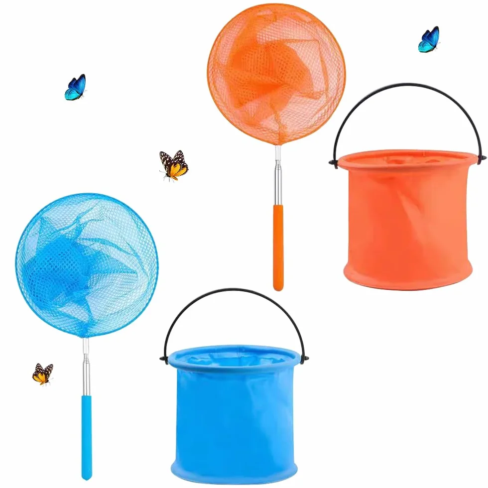 Redes de Mariposa Telescópicas 4 Piezas, Red de Pesca para niños con 2 Cubos Plegables, Cazamariposas para Atrapar Insectos