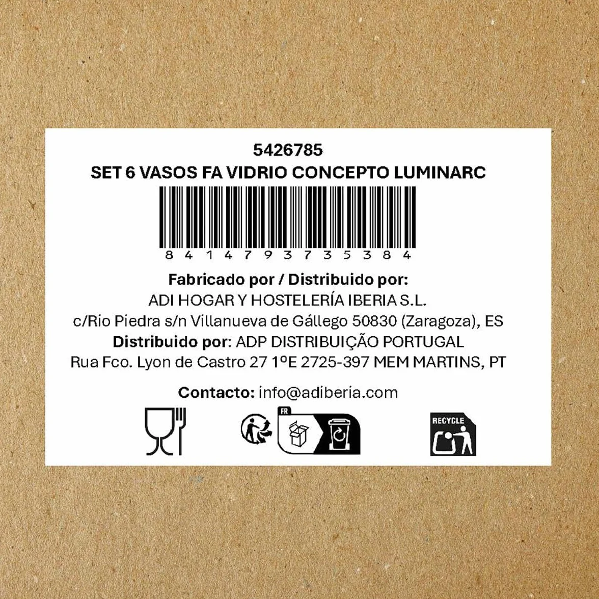 Luminarc Concepto Set 6 Vasos Altos Vidrio 31cl Sodo Apto Frigorífico No Apto Microondas Reciclable
