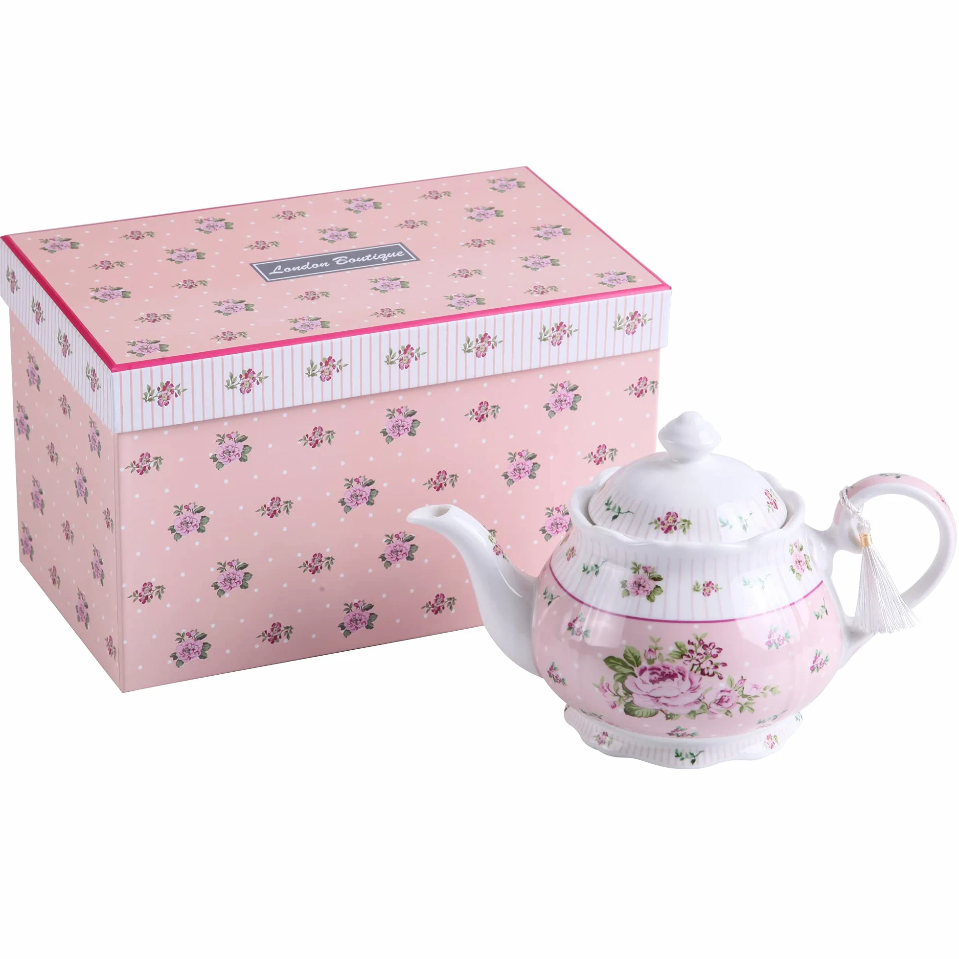 London Boutique Juego de tetera de porcelana, azucarero y jarra de leche crema, estilo Shabby Chic Vintage Floral en caja de regalo (tetera rosa rosa)
