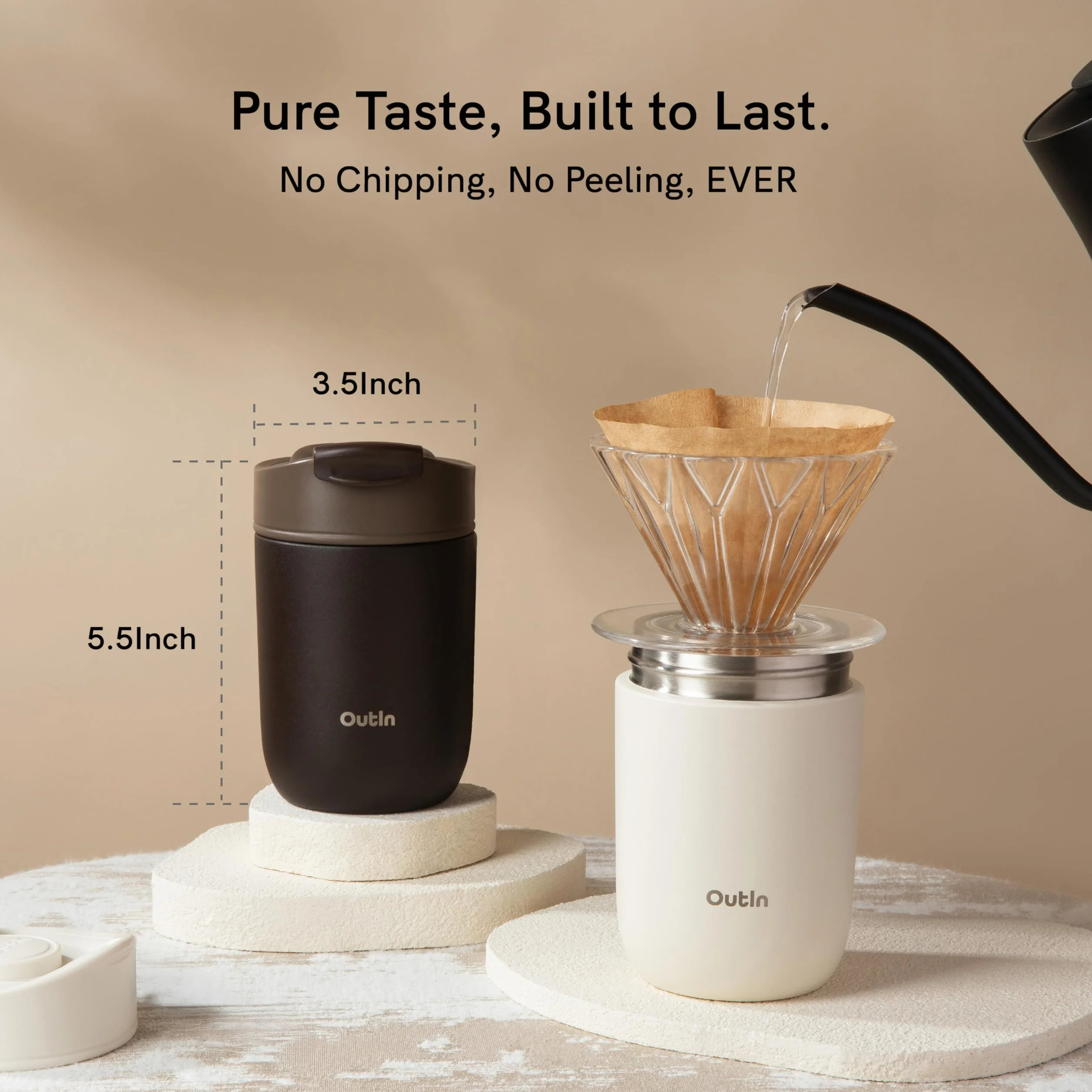OutIn Travel Tumbler, vaso térmico de café estanco, 350 ml | Vaso de acero inoxidable con tapa abatible para bebidas calientes y frías, uso exterior, Terra Brown