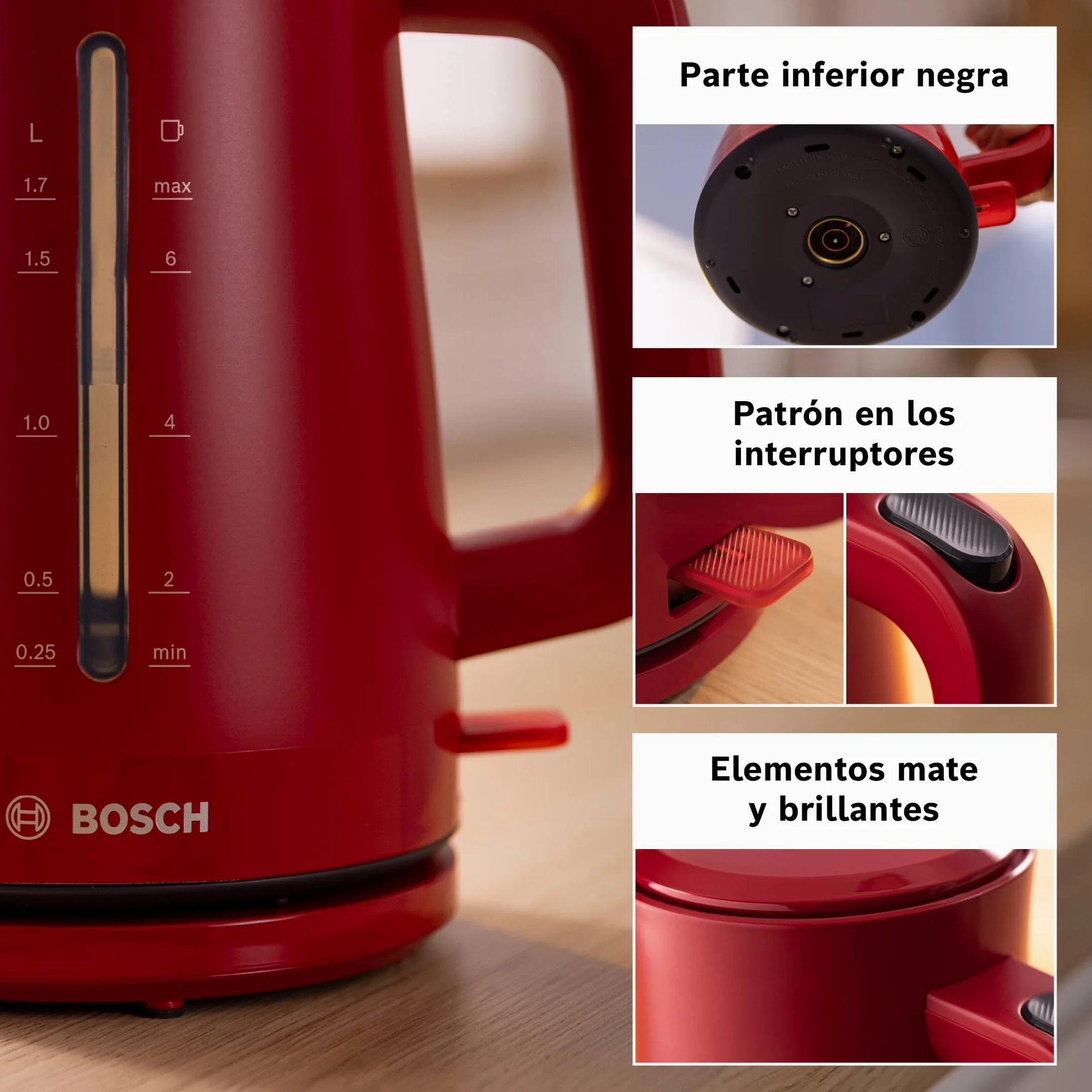 Bosch - hervidor eléctrico, MyMoment, manejo ergonómico, triple sistema de seguridad, filtro antical, capacidad de 1,7 l, rojo intenso, TWK3M124 | Hervidor, calentamiento rápido, filtro extraíble, indicador de nivel de agua, apagado automático, fácil de l