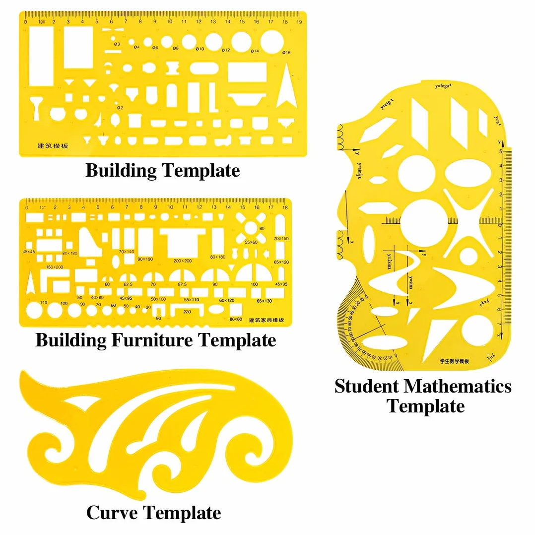 Sweet - Juego de 18 diseños geométricos de plástico amarillo, 10 diseños geométricos diferentes con 2 lápices y 5 reglas de medición