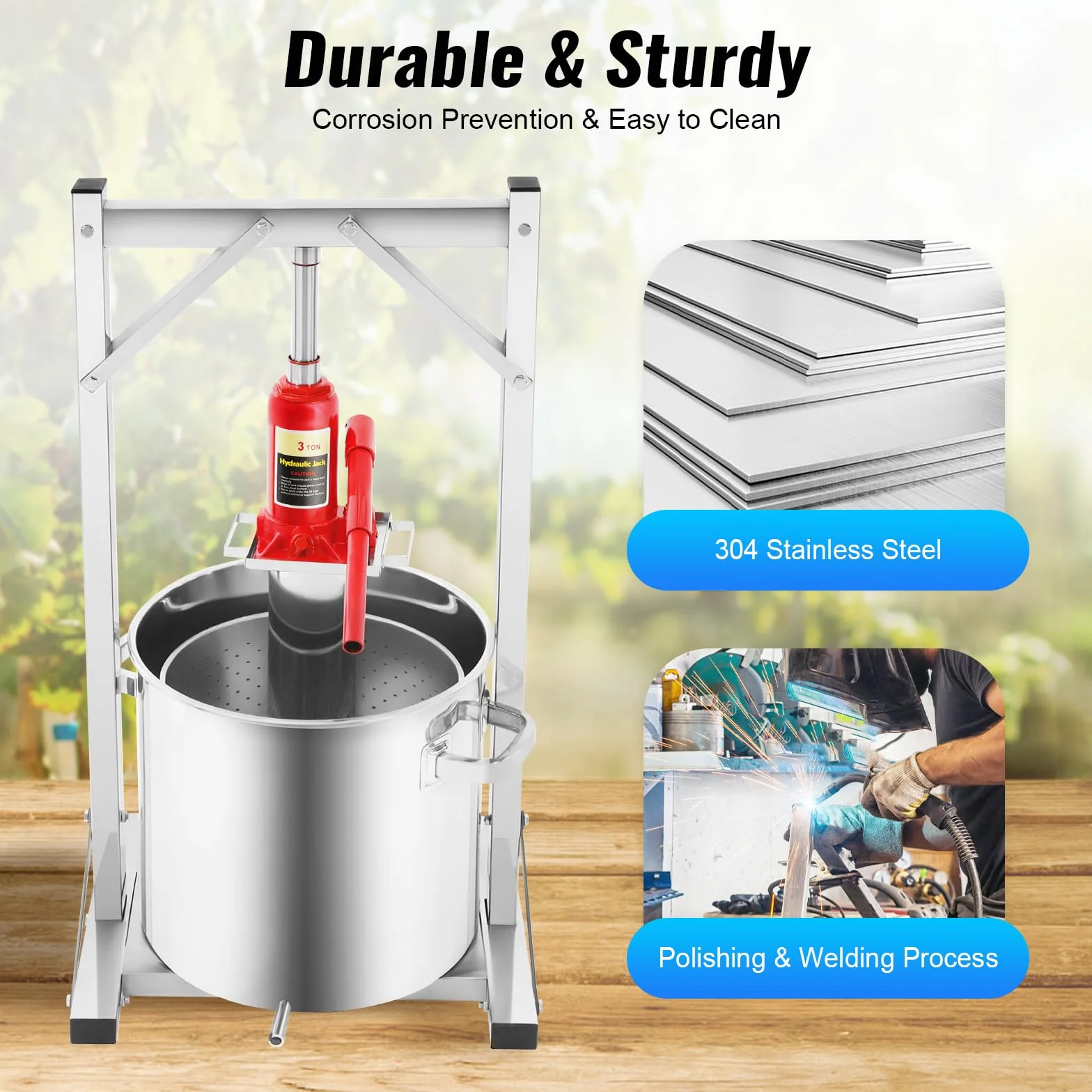 Prensa de frutas de 22 L, acero inoxidable 304 de calidad alimentaria, prensa de 150 kg de potencia de prensado, exprimidor manual de doble barriles de acero inoxidable con filtro de vino, apto para